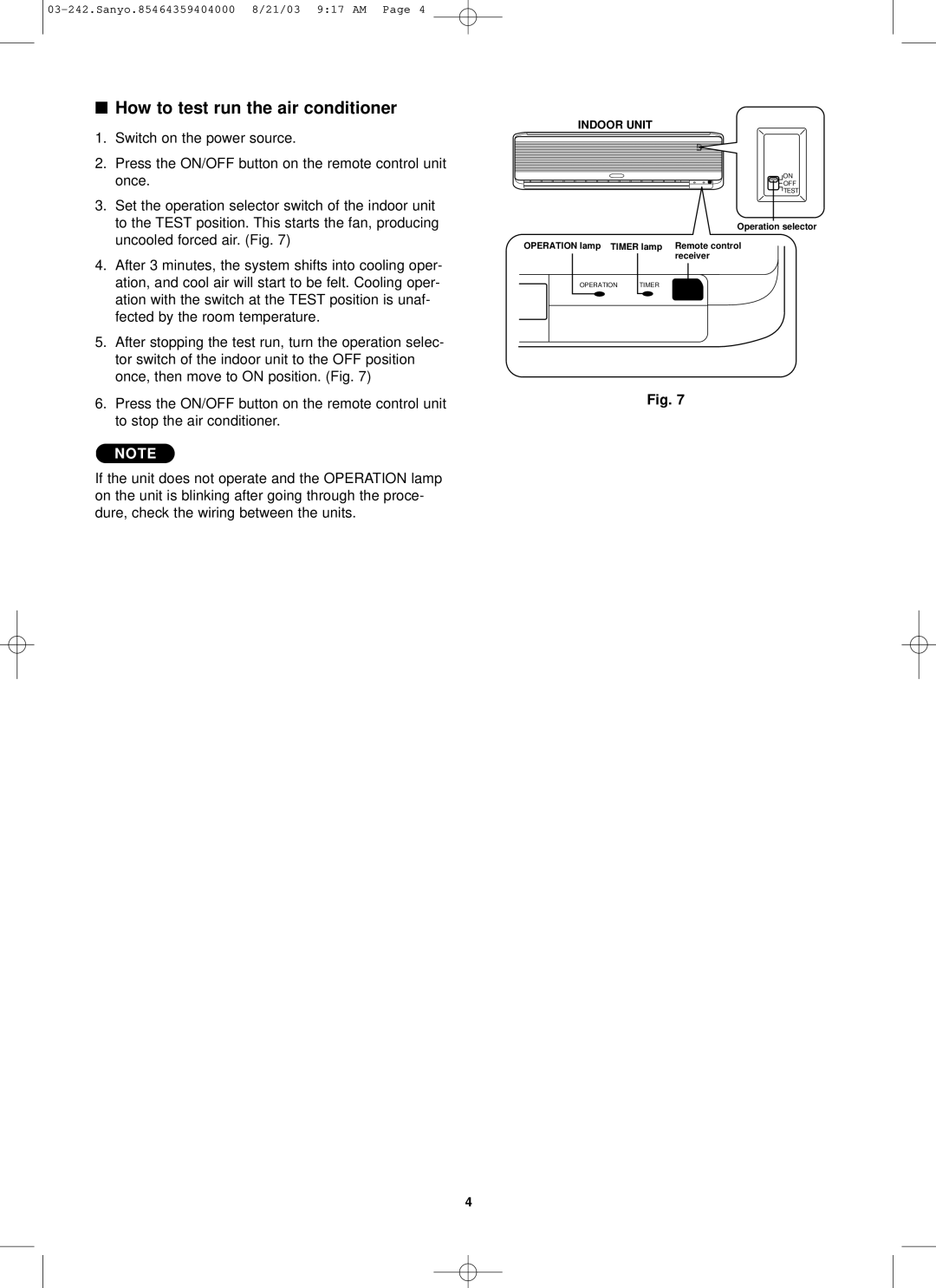 Sanyo RCS-KS2432AWD installation instructions How to test run the air conditioner, Indoor Unit 