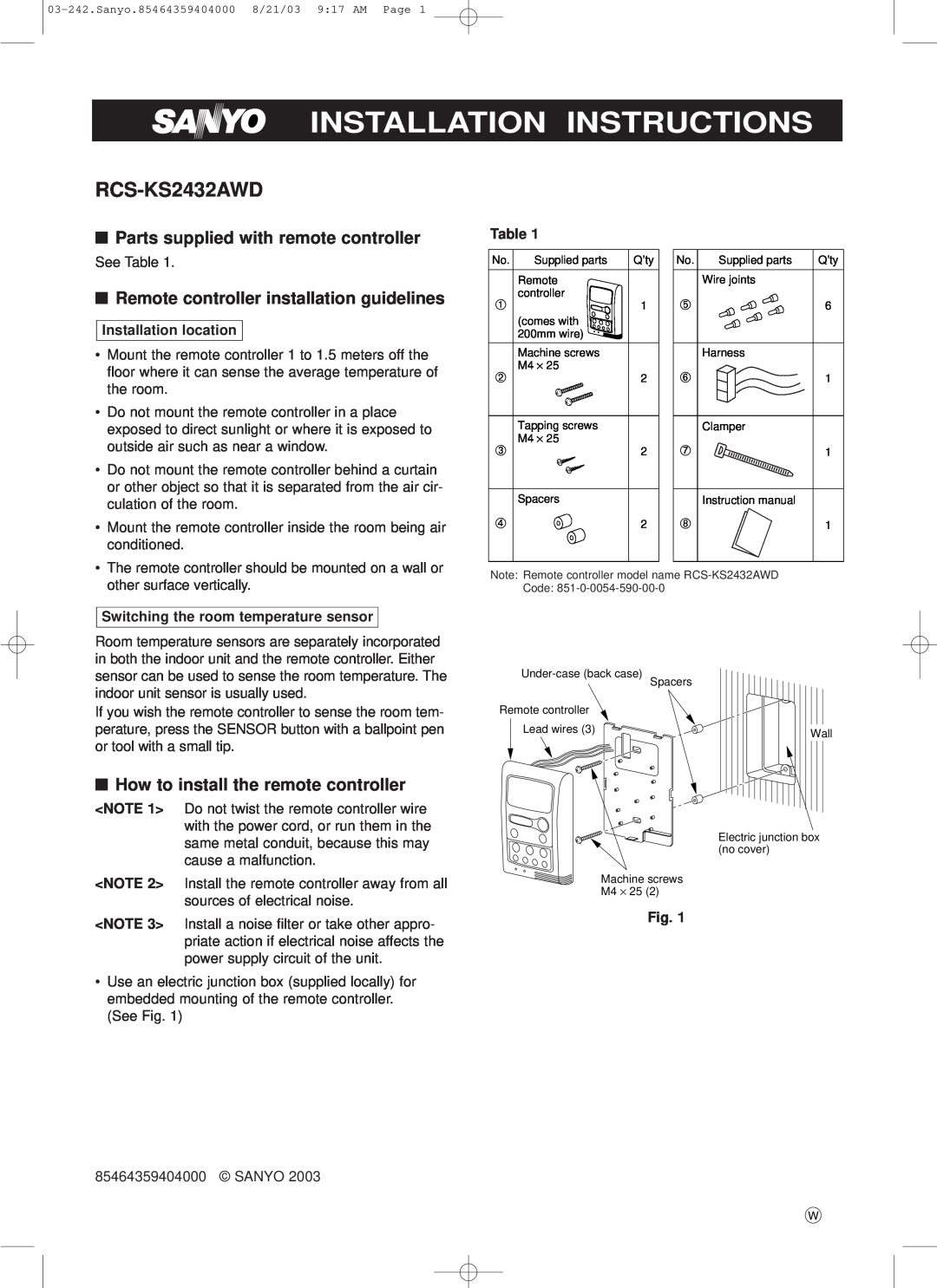 Sanyo RCS-KS2432AWD installation instructions Parts supplied with remote controller, How to install the remote controller 