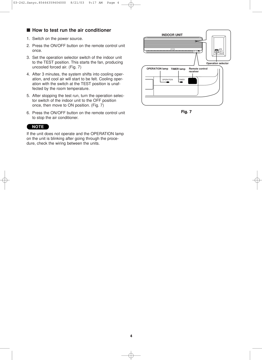 Sanyo RCS-KS2432AWD installation instructions How to test run the air conditioner 