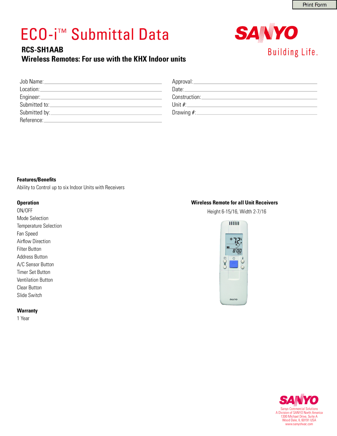 Sanyo RCS-SH1AAB warranty ECO-iSubmittal Data, Wireless Remotes For use with the KHX Indoor units 