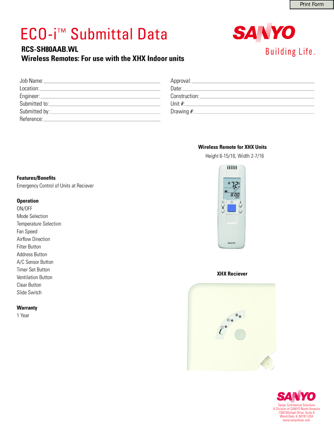 Sanyo RCS-SH80AAB.WL warranty ECO-iSubmittal Data, Wireless Remotes For use with the XHX Indoor units 