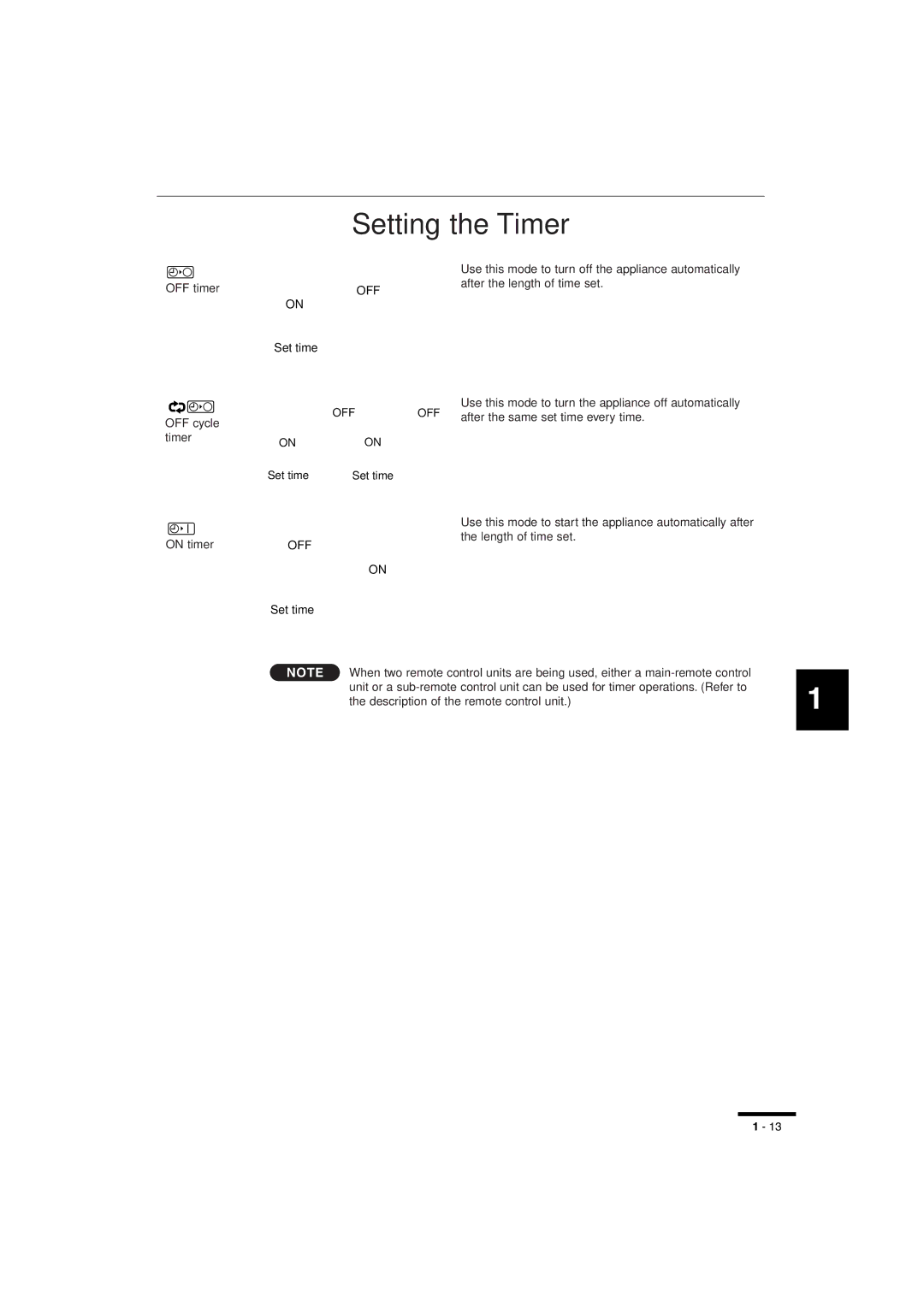 Sanyo RCS-BH80UA.WL, RCS-SH80UA.WL, RCS-SH1UA instruction manual Setting the Timer, OFF cycle TimerON 