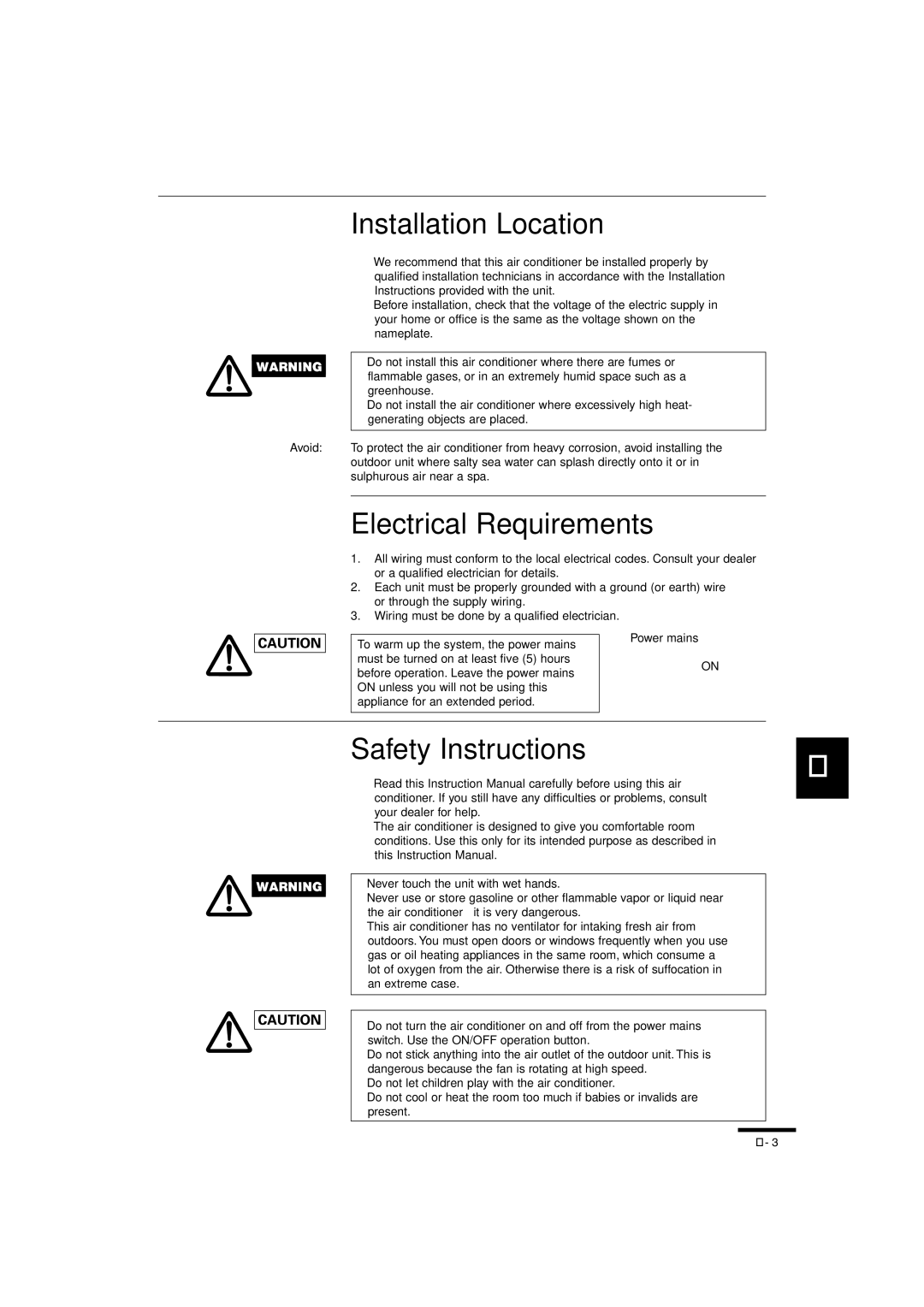 Sanyo RCS-SH80UA.WL, RCS-SH1UA, RCS-BH80UA.WL Installation Location, Electrical Requirements, Safety Instructions 