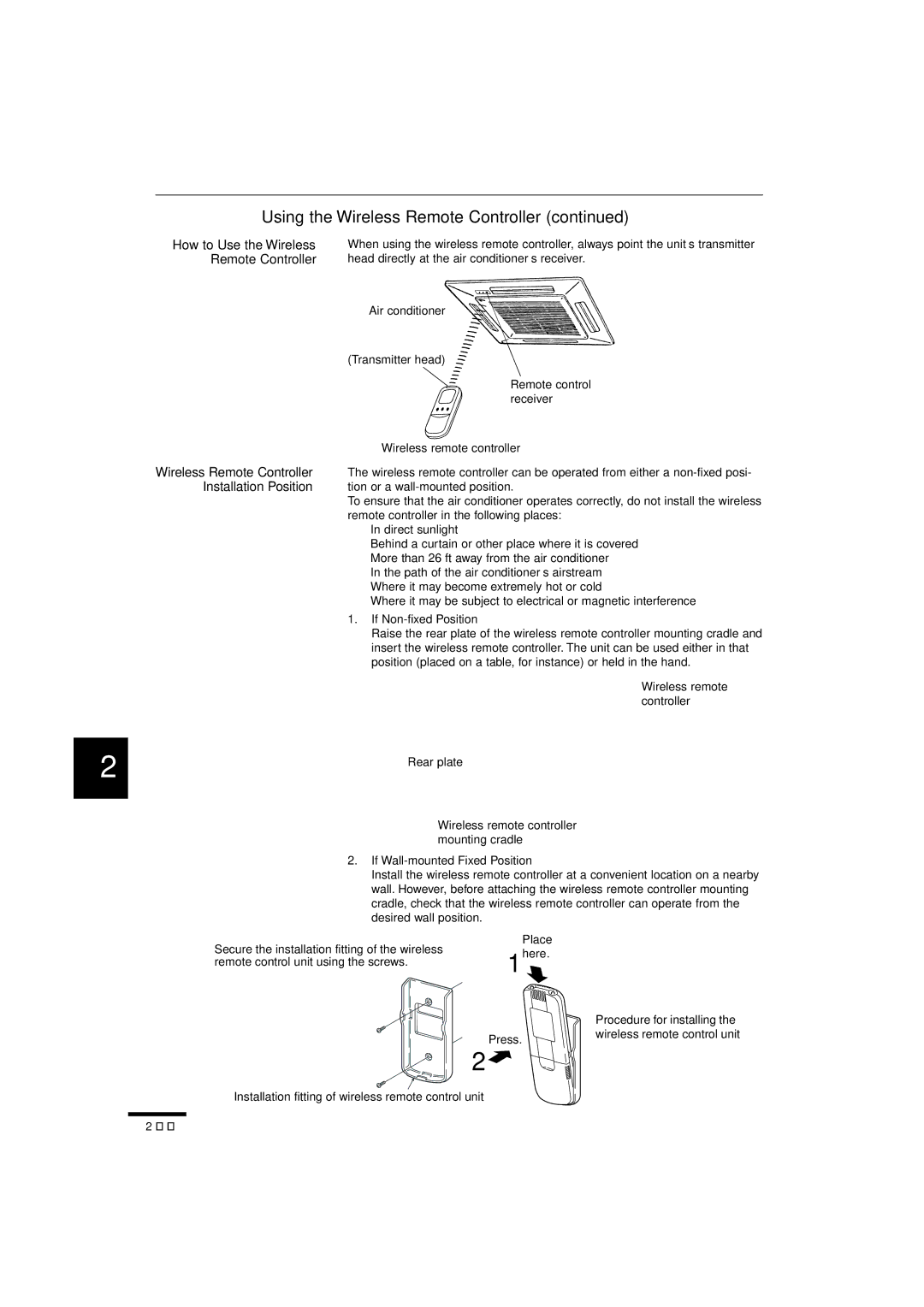 Sanyo RCS-BH80UA.WL, RCS-SH80UA.WL, RCS-SH1UA Place 1here Press, Installation fitting of wireless remote control unit 