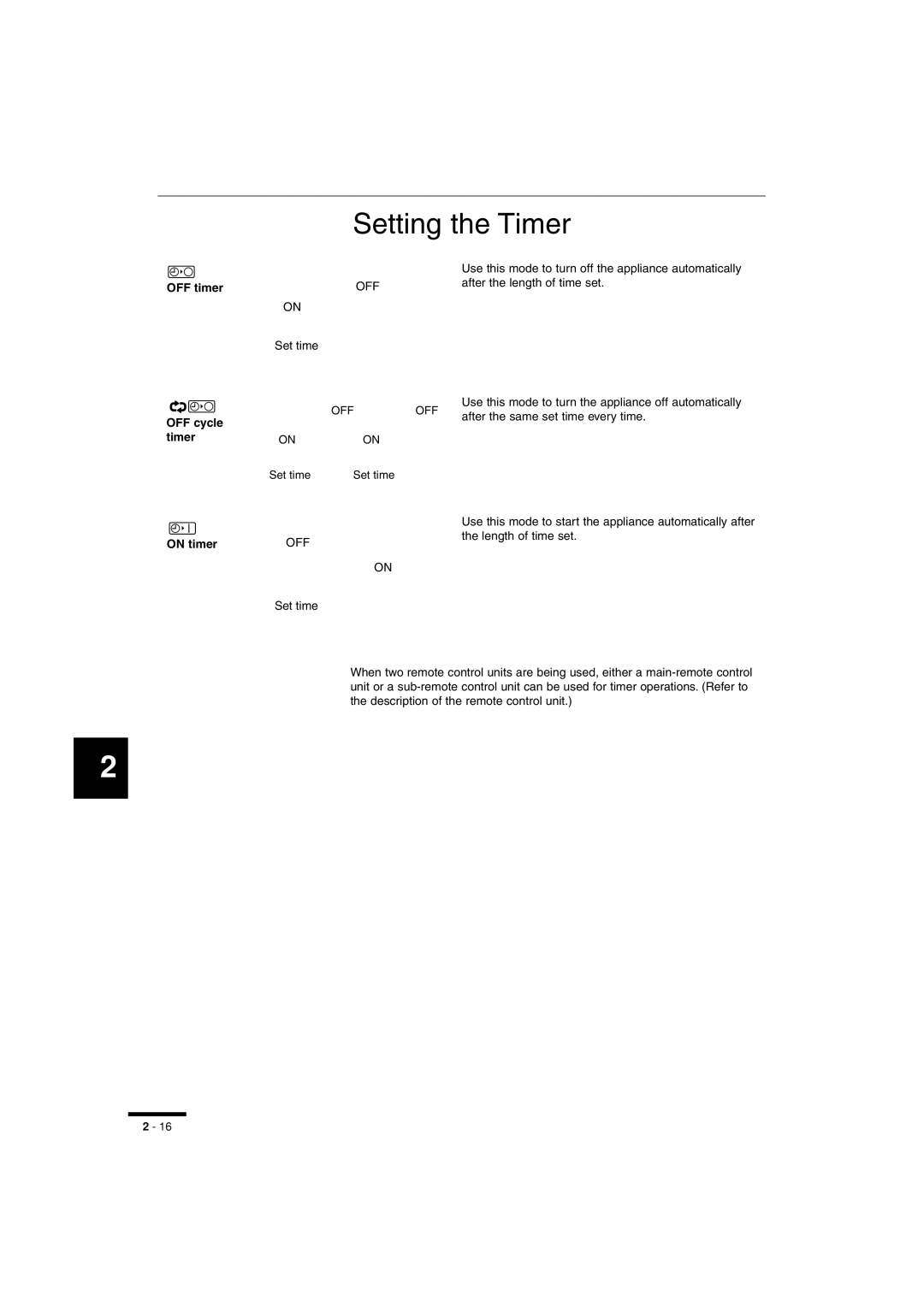 Sanyo RCS-SH1UA, RCS-SH80UA.WL, RCS-BH80UA.WL instruction manual Setting the Timer, OFF cycle, On timer 