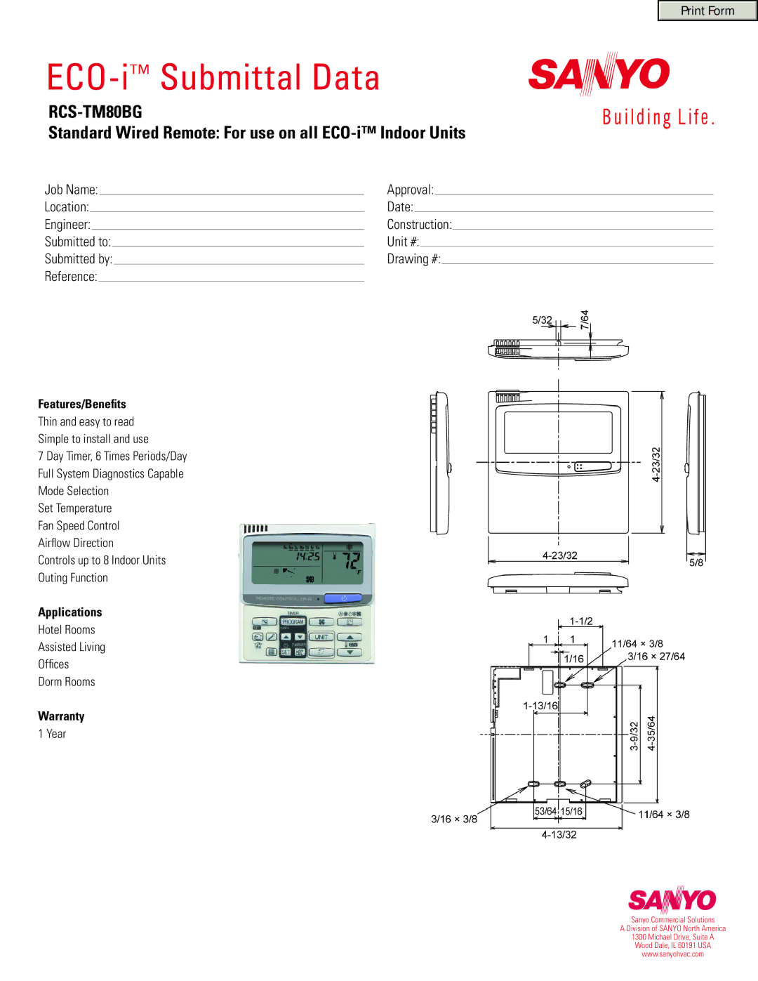 Sanyo RCS-TM80BG warranty ECO-iSubmittal Data, Standard Wired Remote For use on all ECO-i Indoor Units, Applications 