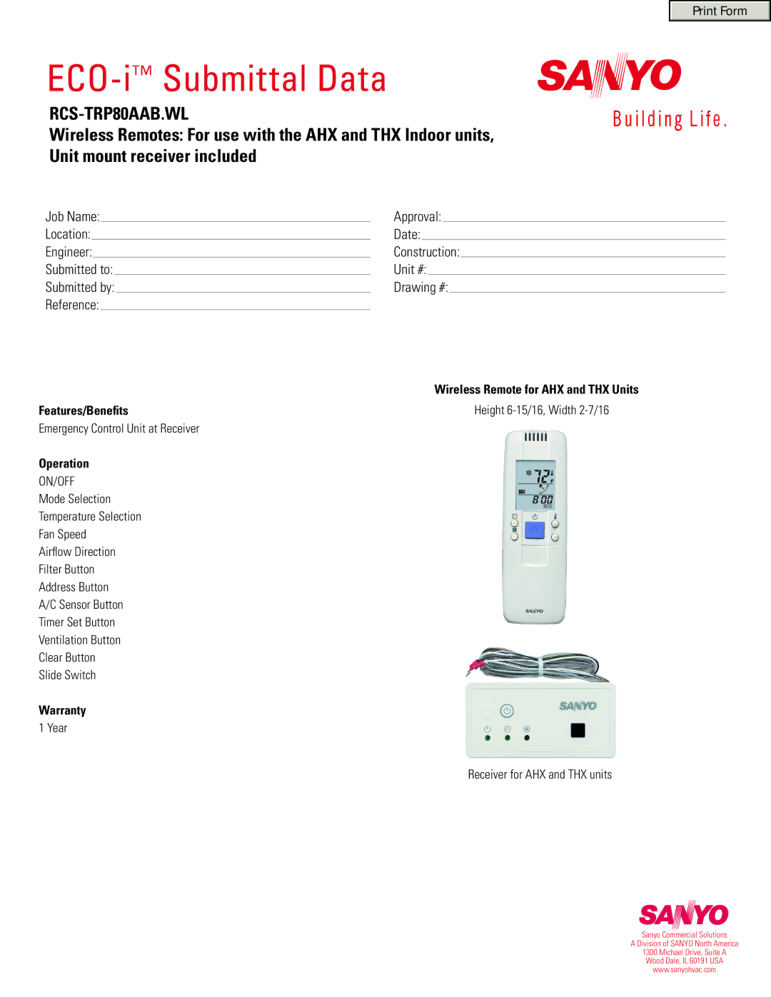 Sanyo RCS-TRP80AAB.WL warranty ECO-iSubmittal Data, Features/Benefits, Operation, Warranty 