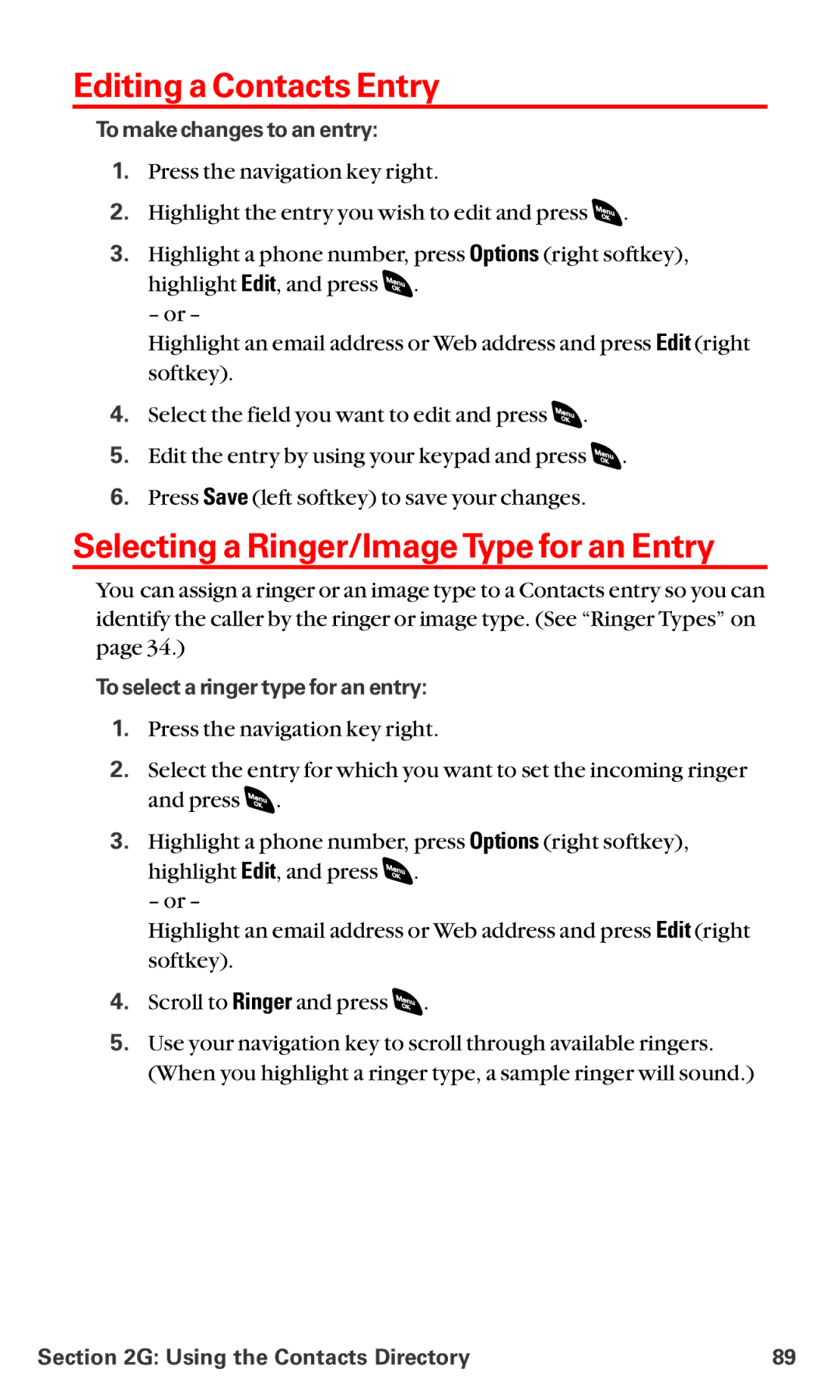 Sanyo RL-4920 manual Editing a Contacts Entry, Selecting a Ringer/Image Type for an Entry, To make changes to an entry 