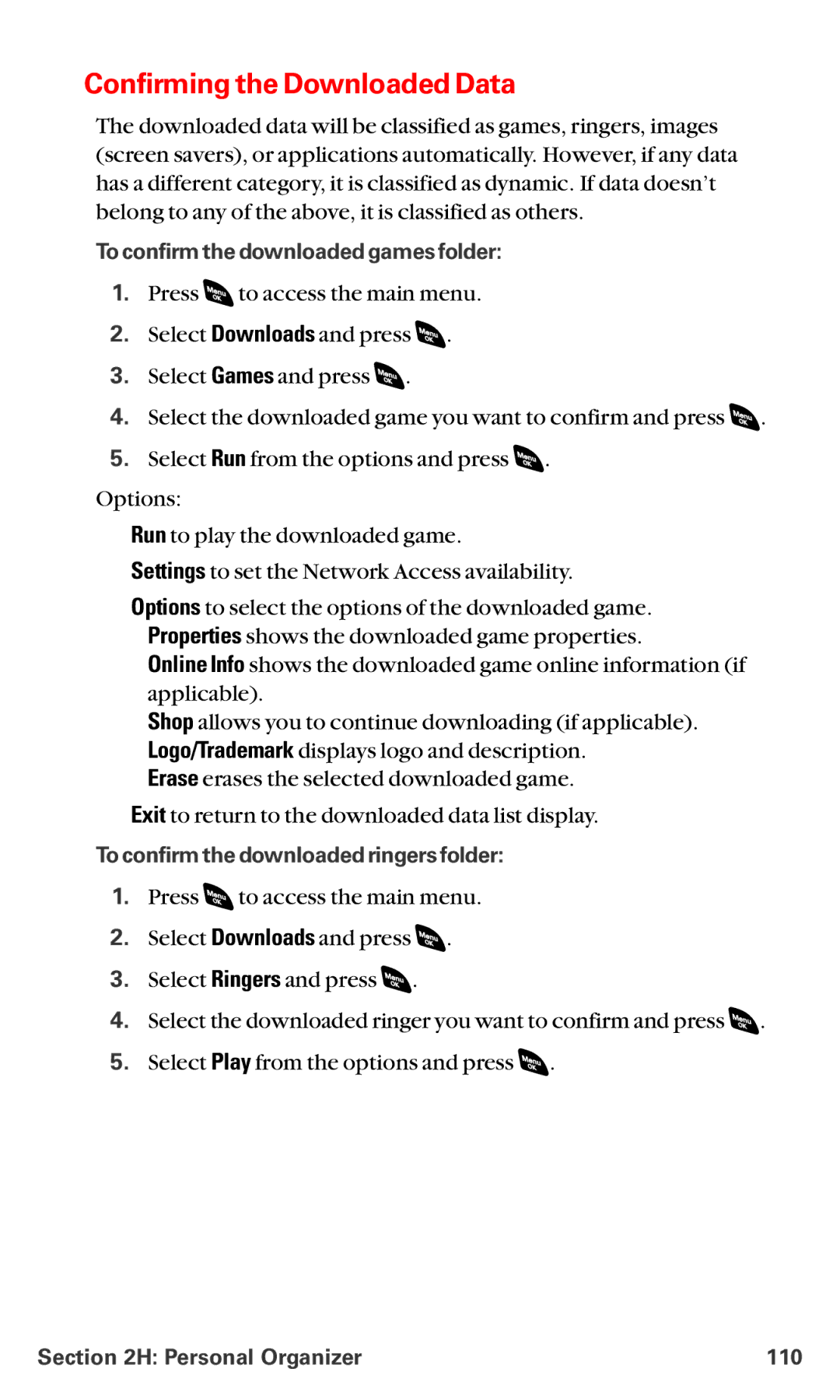 Sanyo RL-4920 manual Confirming the Downloaded Data, To confirm the downloaded games folder, Personal Organizer 110 