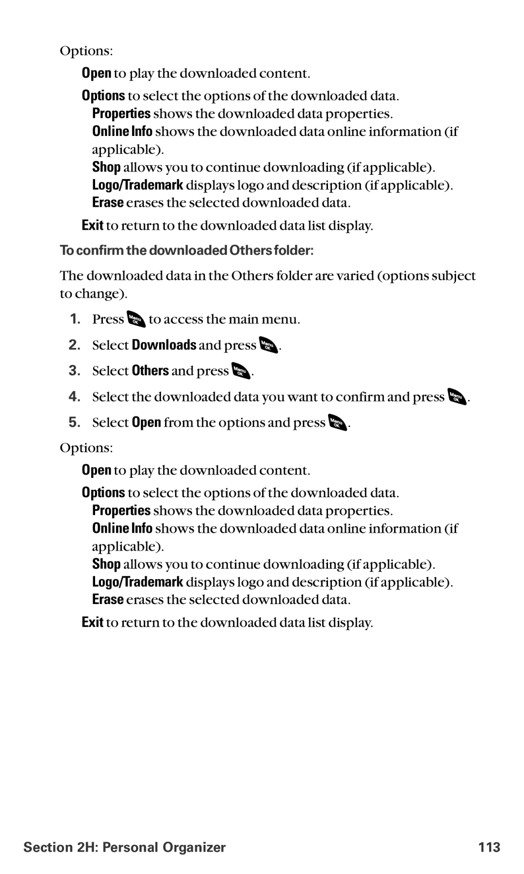 Sanyo RL-4920 manual To confirm the downloaded Others folder, Personal Organizer 113 