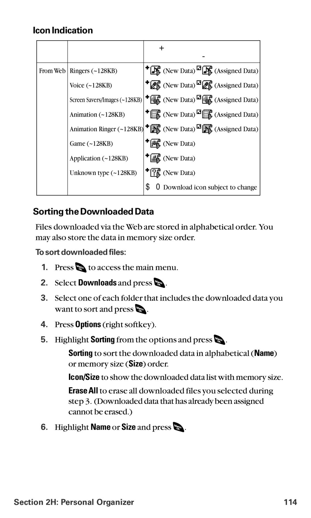 Sanyo RL-4920 manual Icon Indication, Sorting the Downloaded Data, To sort downloaded files, Personal Organizer 114 