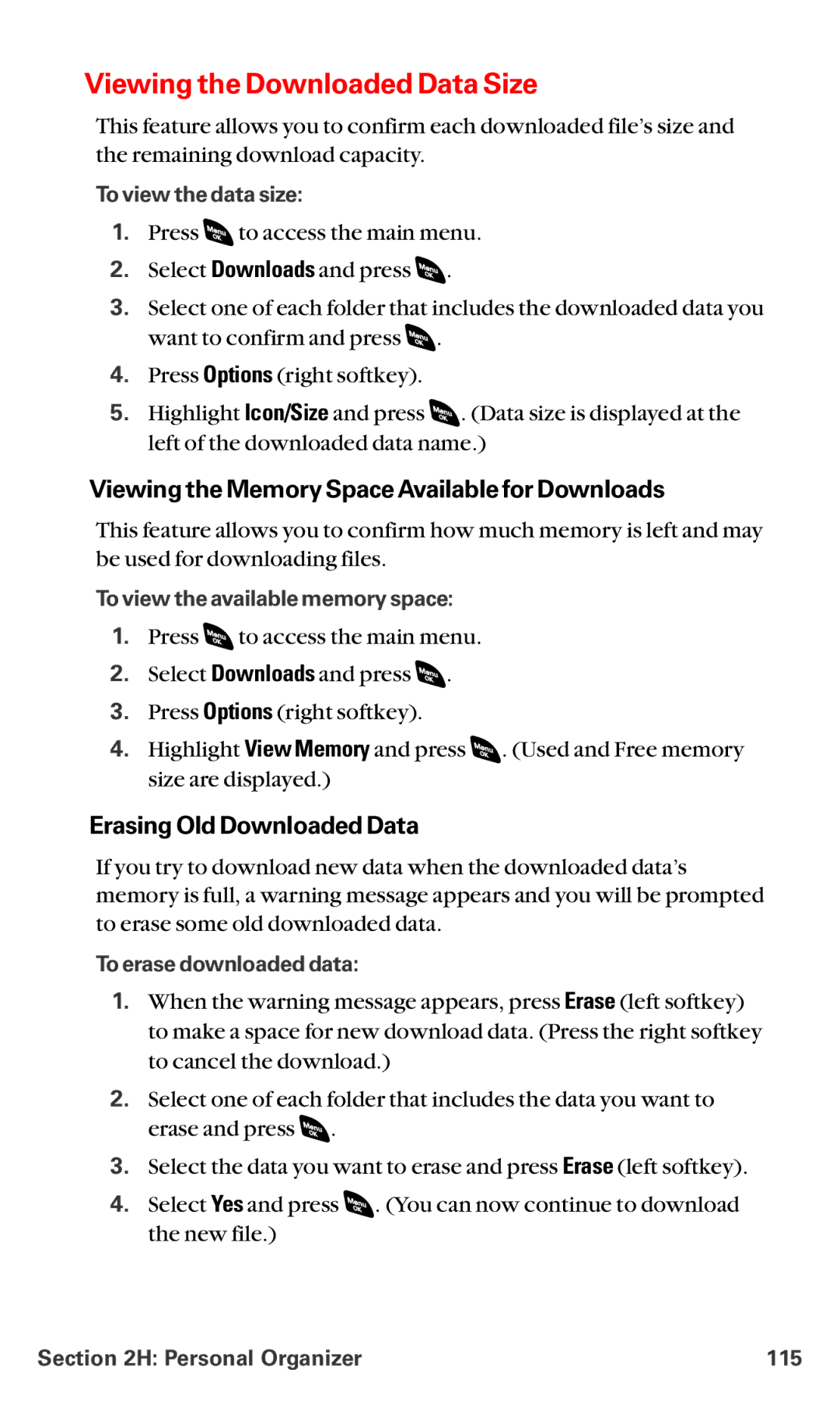 Sanyo RL-4920 manual Viewing the Downloaded Data Size, Viewing the Memory Space Available for Downloads 