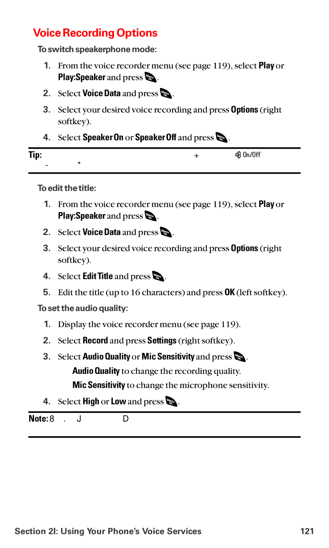 Sanyo RL-4920 manual Voice Recording Options, PlaySpeaker and press, Select Speaker On or Speaker Off and press 