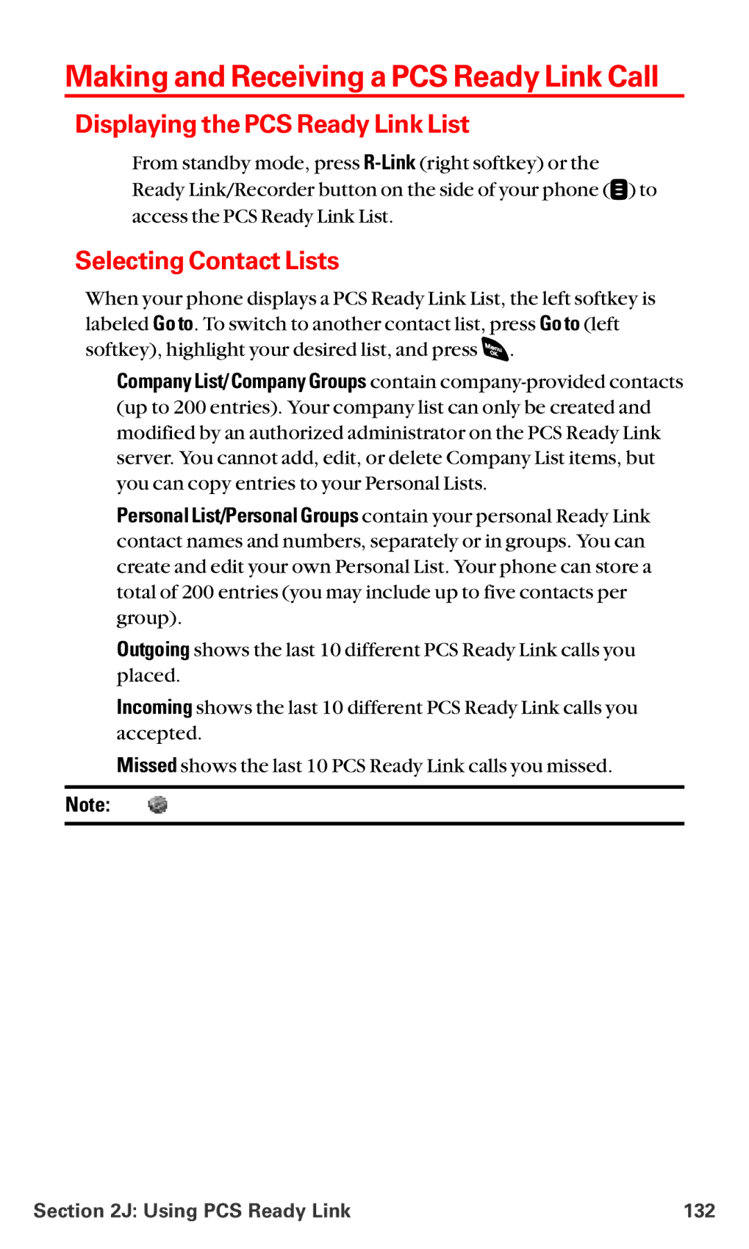 Sanyo RL-4920 Making and Receiving a PCS Ready Link Call, Displaying the PCS Ready Link List, Selecting Contact Lists 