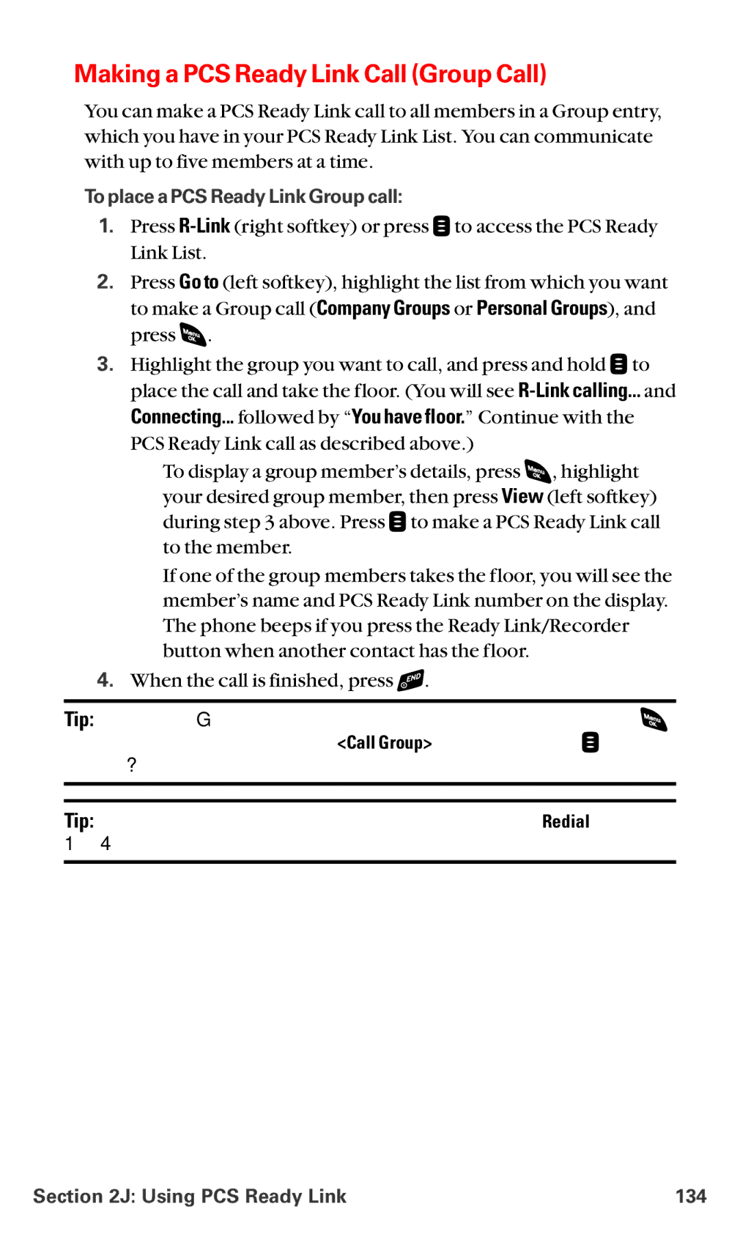 Sanyo RL-4920 Making a PCS Ready Link Call Group Call, To place a PCS Ready Link Group call, Using PCS Ready Link 134 