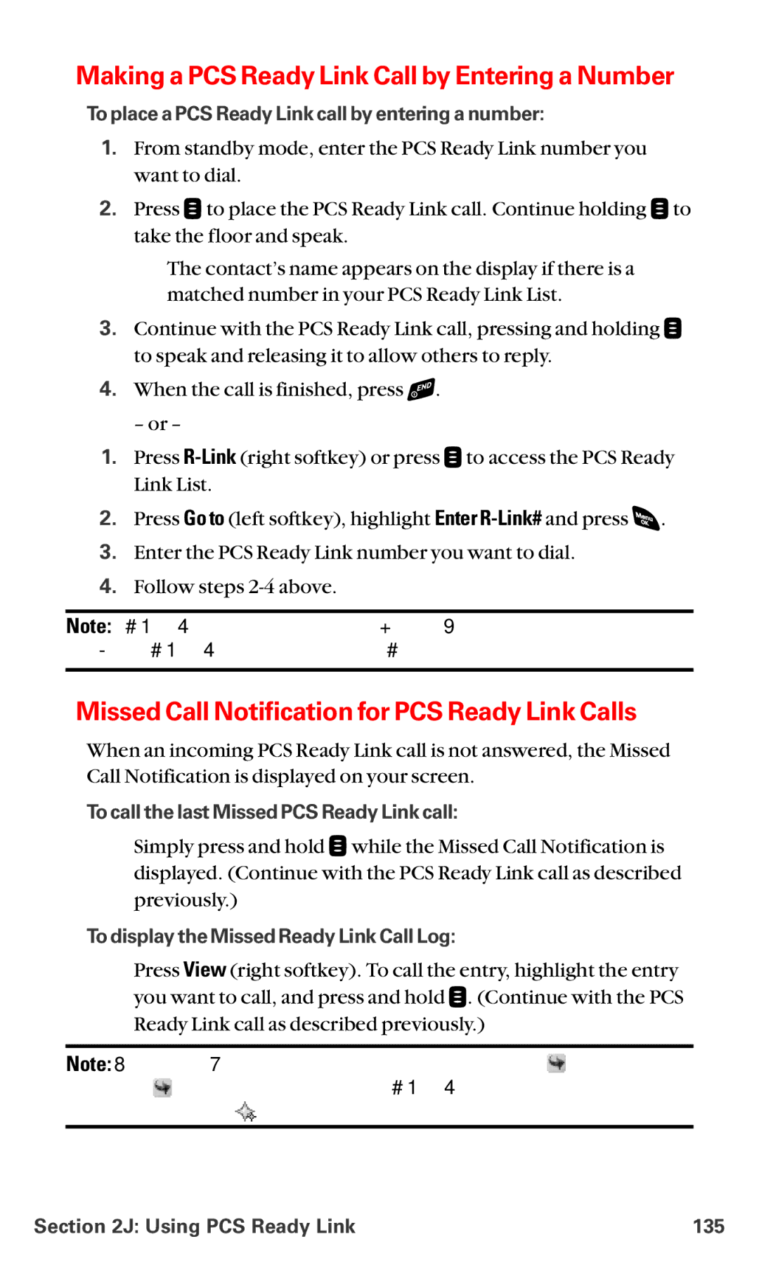 Sanyo RL-4920 manual Making a PCS Ready Link Call by Entering a Number, Missed Call Notification for PCS Ready Link Calls 