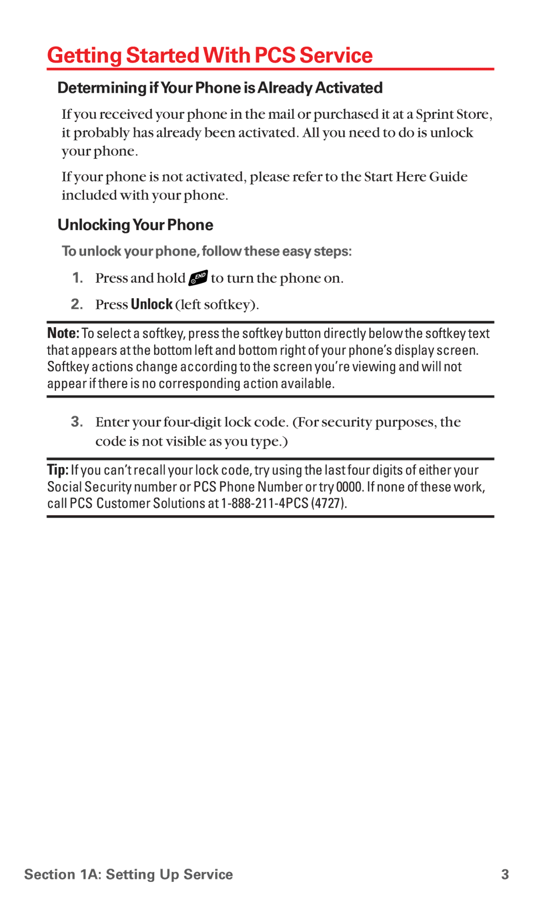 Sanyo RL-4920 manual Getting Started With PCS Service, Determining ifYour Phone is Already Activated, UnlockingYour Phone 