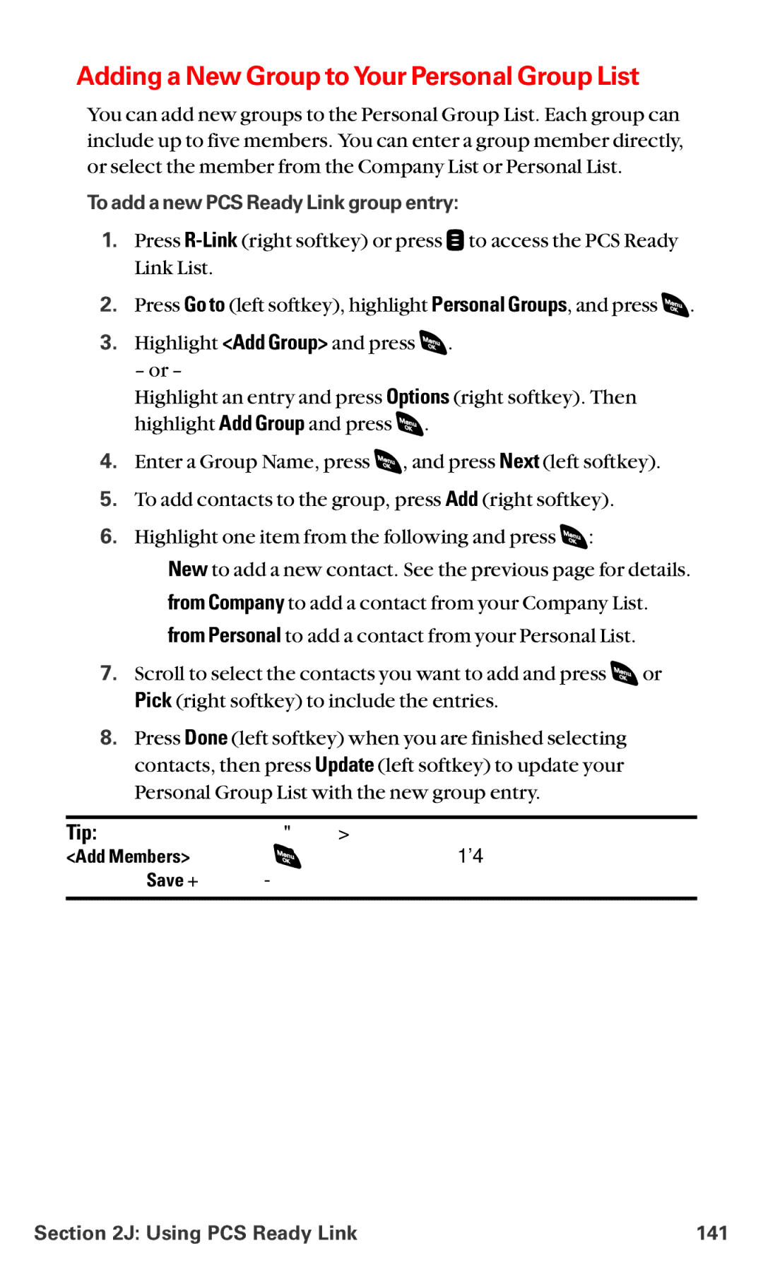 Sanyo RL-4920 manual Adding a New Group to Your Personal Group List, To add a new PCS Ready Link group entry 