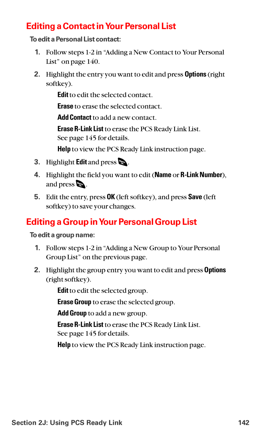 Sanyo RL-4920 Editing a Contact in Your Personal List, Editing a Group in Your Personal Group List, To edit a group name 