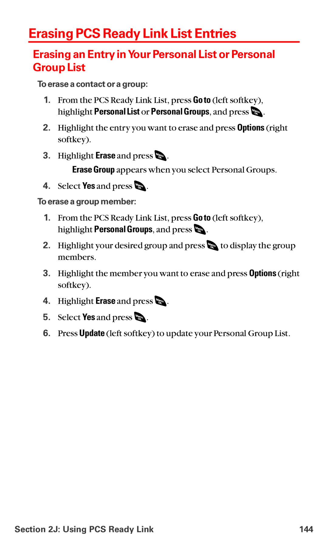 Sanyo RL-4920 manual Erasing PCS Ready Link List Entries, To erase a contact or a group, To erase a group member 