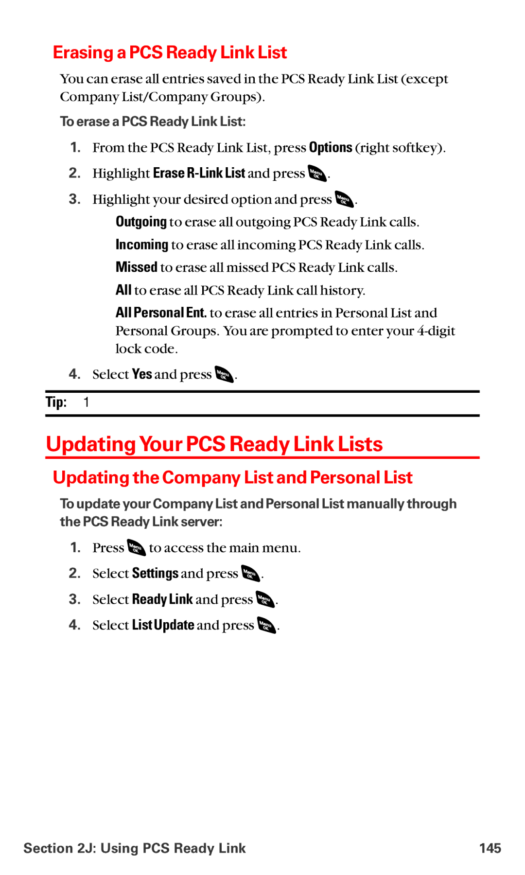 Sanyo RL-4920 manual UpdatingYour PCS Ready Link Lists, Erasing a PCS Ready Link List, To erase a PCS Ready Link List 