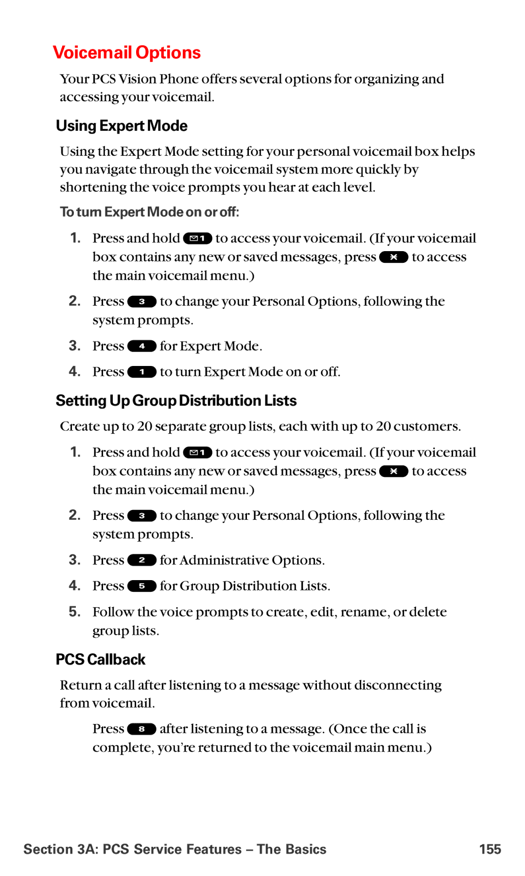 Sanyo RL-4920 manual Voicemail Options, Using Expert Mode, Setting Up Group Distribution Lists, PCS Callback 