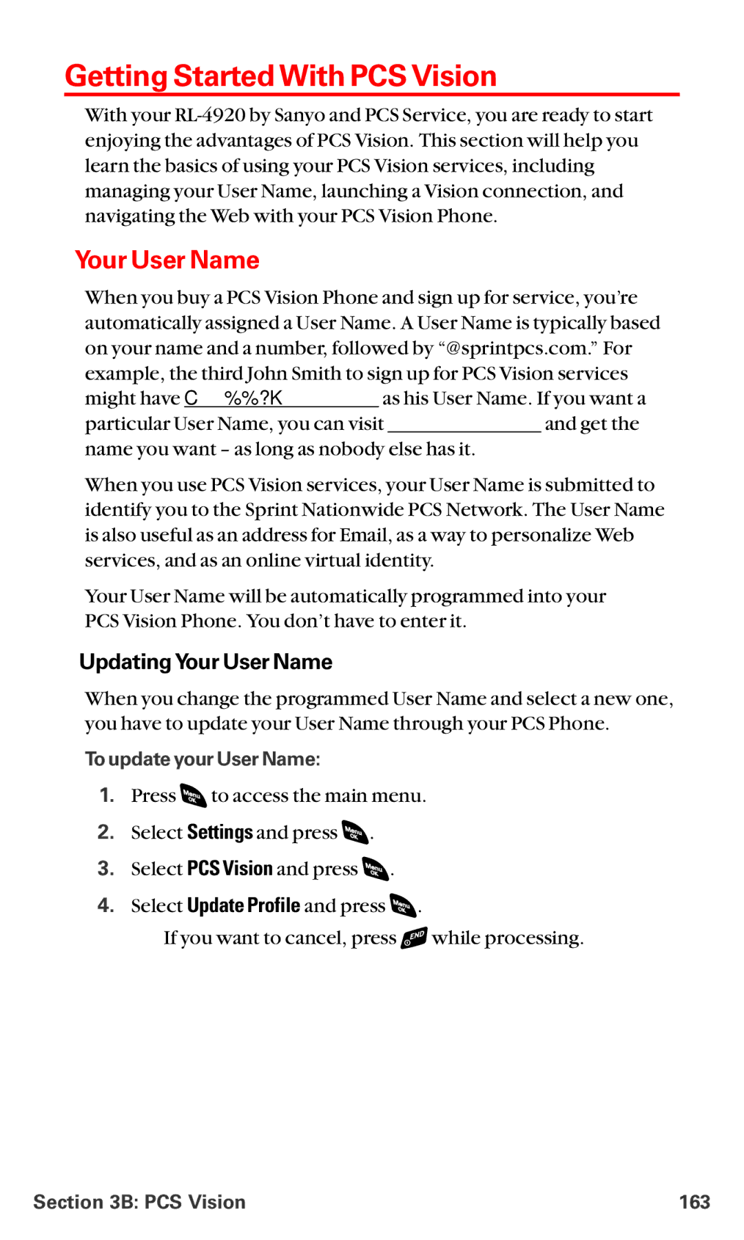 Sanyo RL-4920 manual Getting Started With PCS Vision, UpdatingYour User Name, To update your User Name, PCS Vision 163 