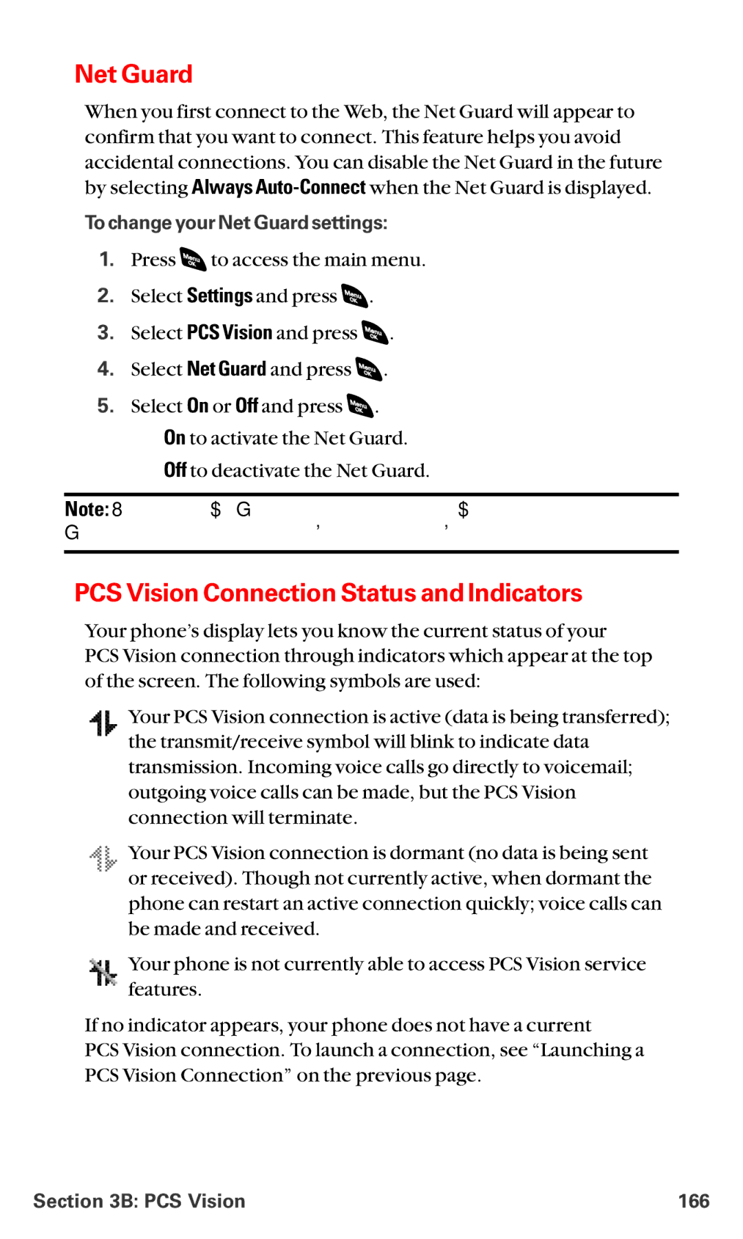 Sanyo RL-4920 manual PCS Vision Connection Status and Indicators, To change your Net Guardsettings, PCS Vision 166 