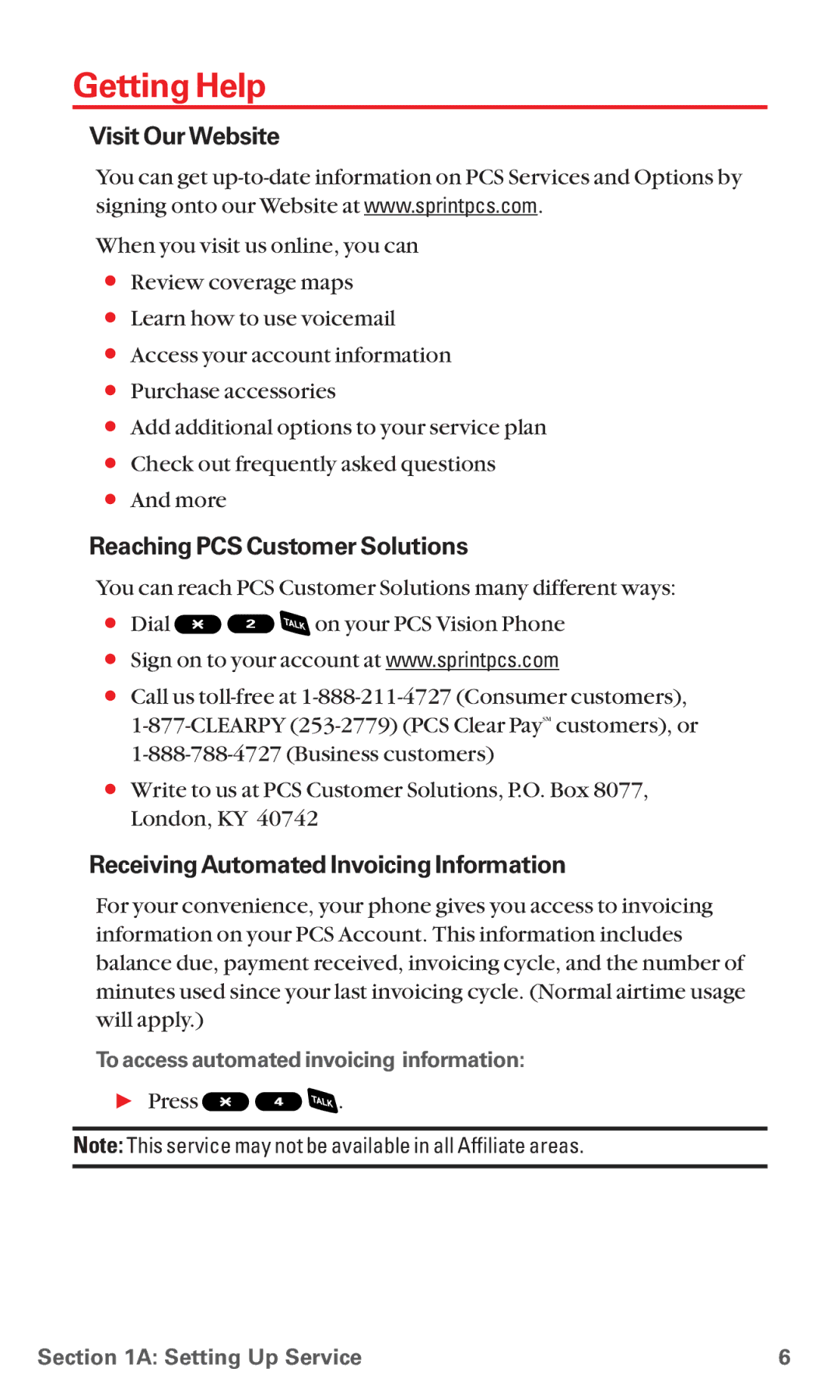 Sanyo RL-4920 Getting Help, Visit Our Website, Reaching PCS Customer Solutions, Receiving Automated Invoicing Information 