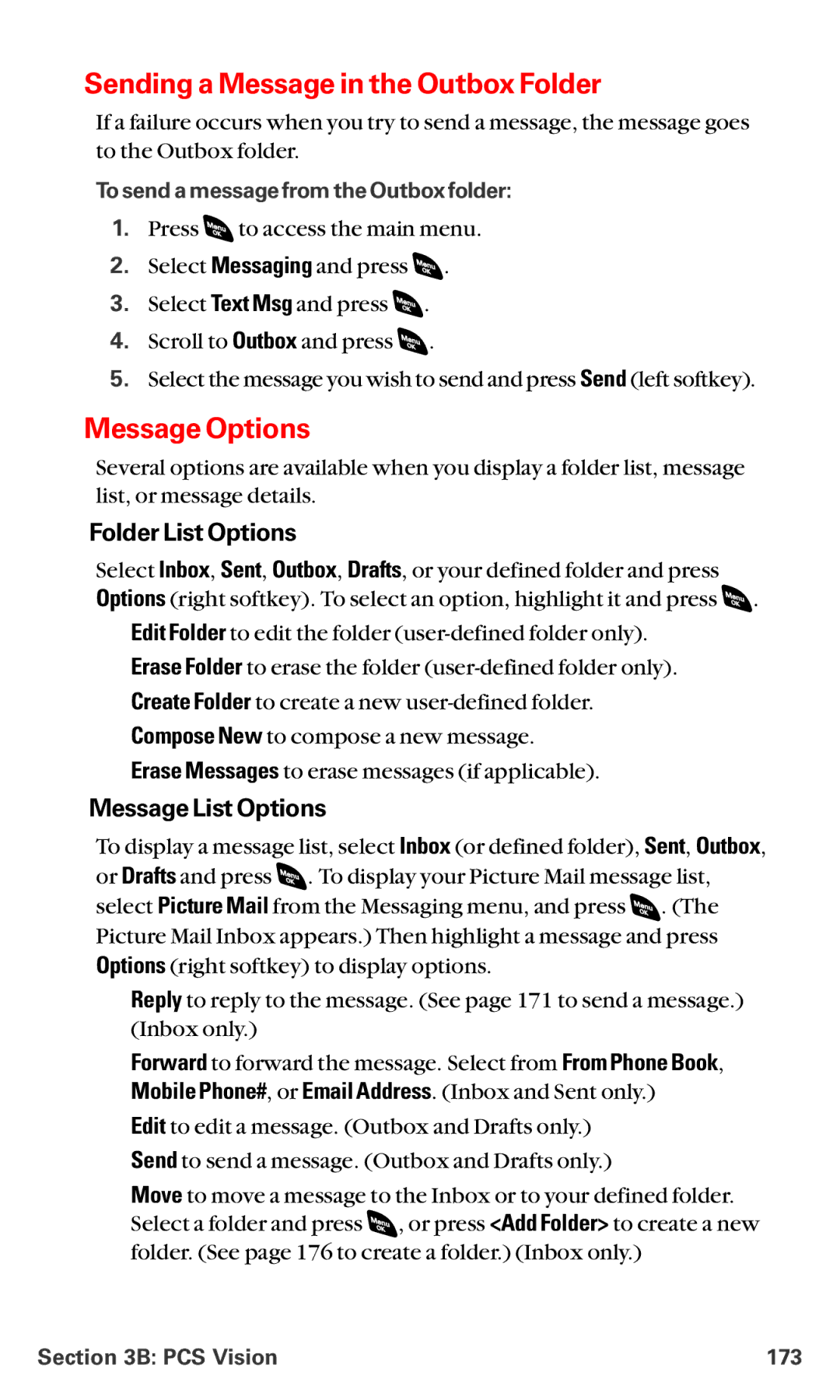 Sanyo RL-4920 manual Sending a Message in the Outbox Folder, Message Options, Folder List Options, Message List Options 