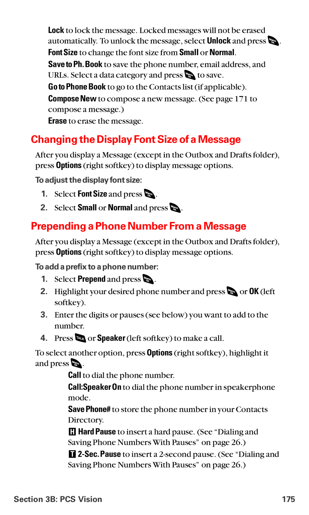 Sanyo RL-4920 manual Changing the Display Font Size of a Message, Prepending a Phone Number From a Message, PCS Vision 175 