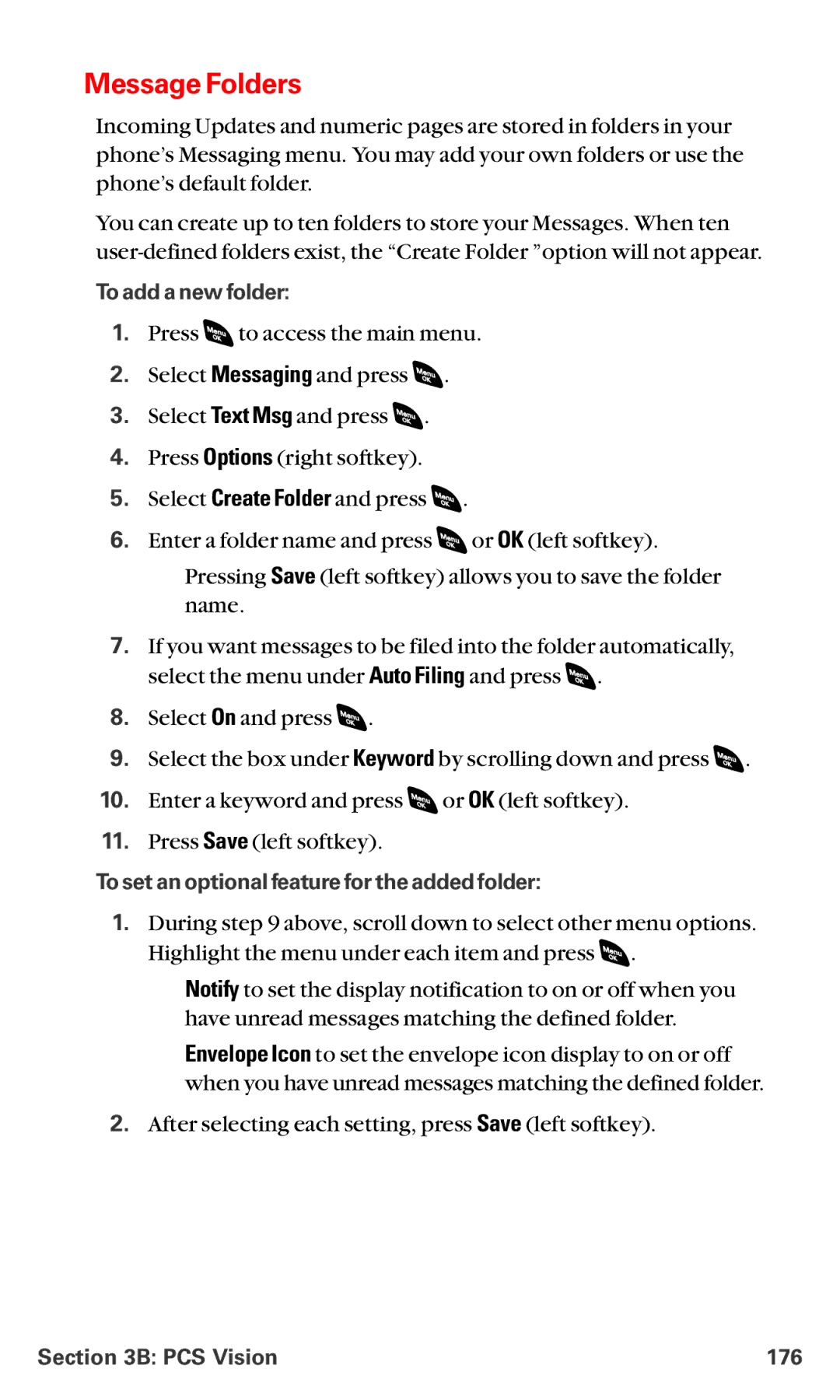 Sanyo RL-4920 manual Message Folders, To add a new folder, To set an optional feature for the added folder, PCS Vision 176 