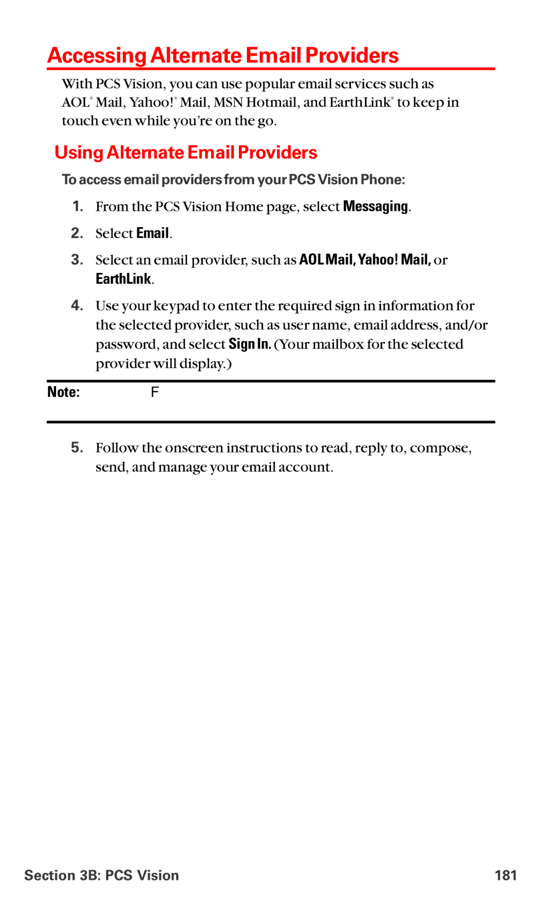 Sanyo RL-4920 manual Accessing Alternate Email Providers, Using Alternate Email Providers, EarthLink, PCS Vision 181 