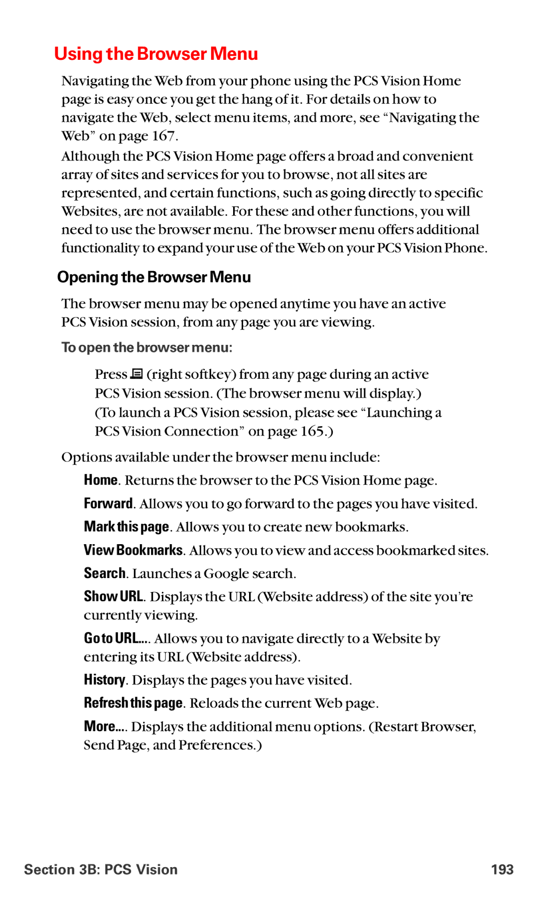 Sanyo RL-4920 manual Using the Browser Menu, Opening the Browser Menu, To open the browser menu, PCS Vision 193 