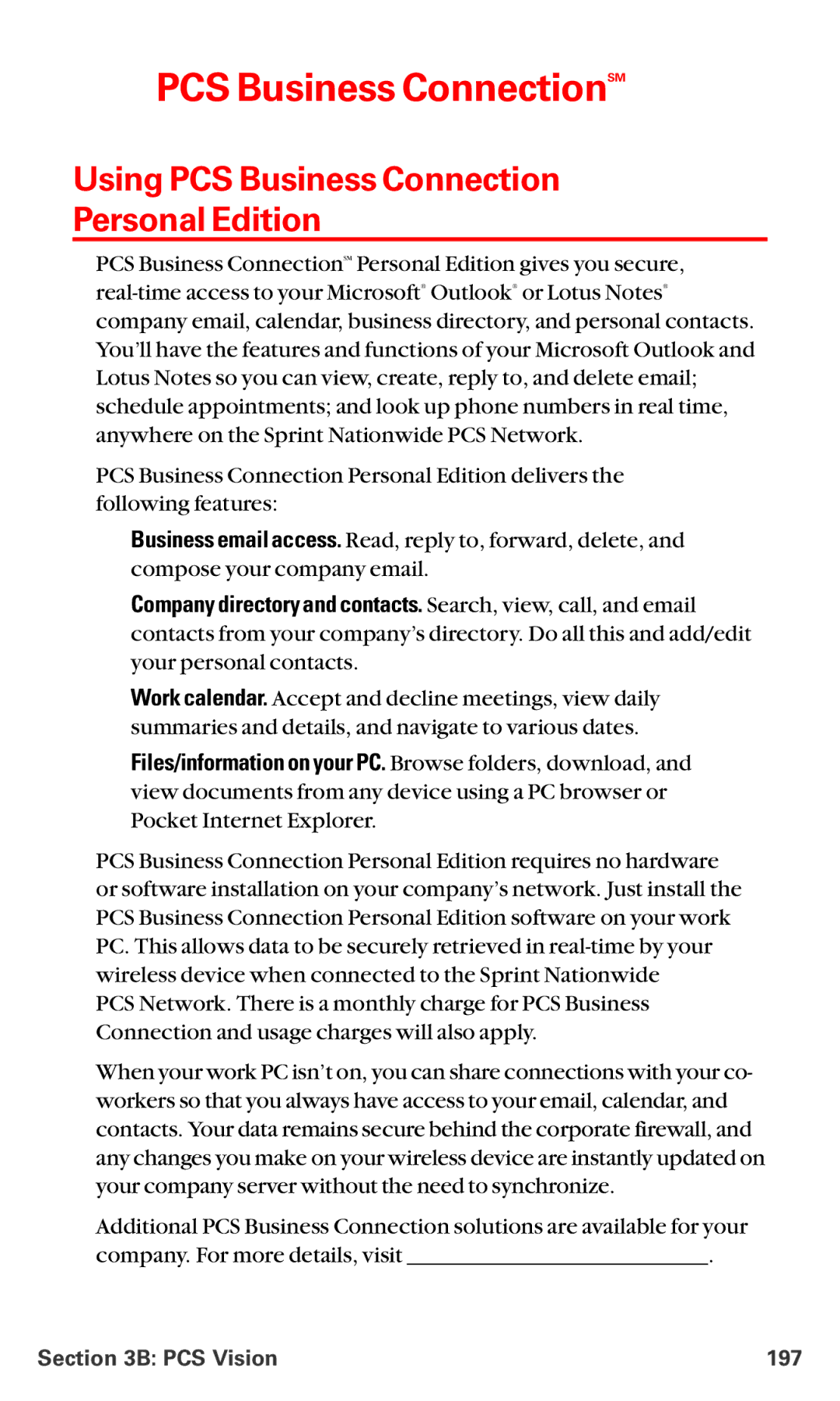 Sanyo RL-4920 manual PCS Business ConnectionSM, Using PCS Business Connection Personal Edition, PCS Vision 197 