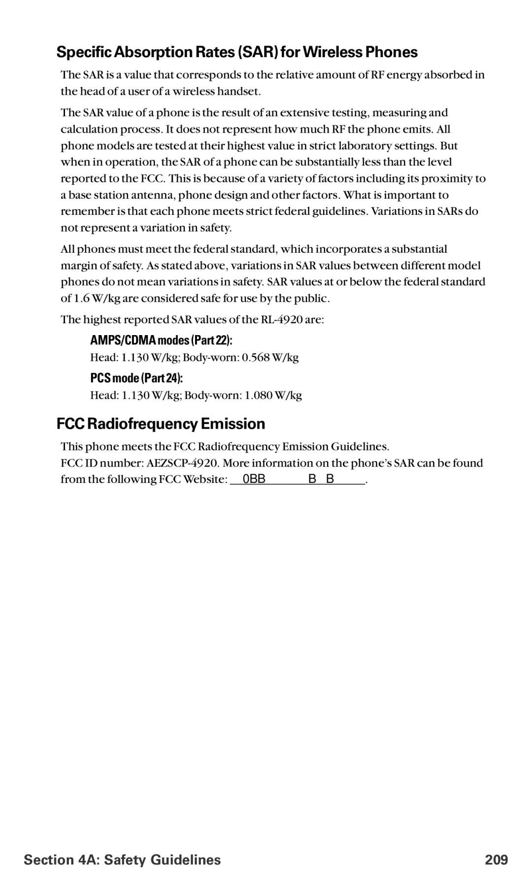 Sanyo RL-4920 manual Specific Absorption Rates SAR for Wireless Phones, FCC Radiofrequency Emission, Safety Guidelines 209 