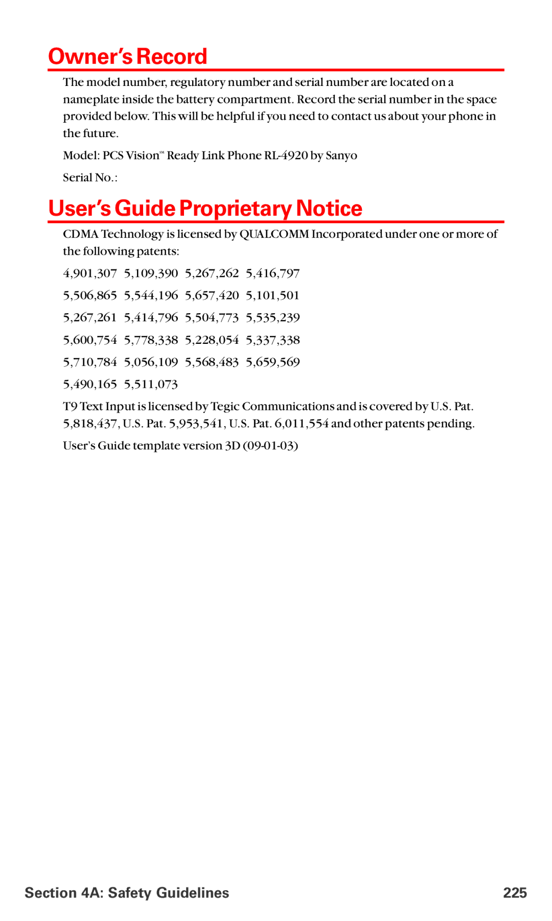 Sanyo RL-4920 manual Owner’s Record, User’s Guide Proprietary Notice, Safety Guidelines 225 