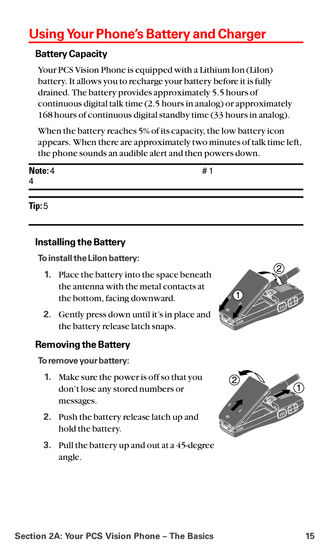 Sanyo RL-4920 manual Using Your Phone’s Battery and Charger, Battery Capacity, Installing the Battery, Removing the Battery 