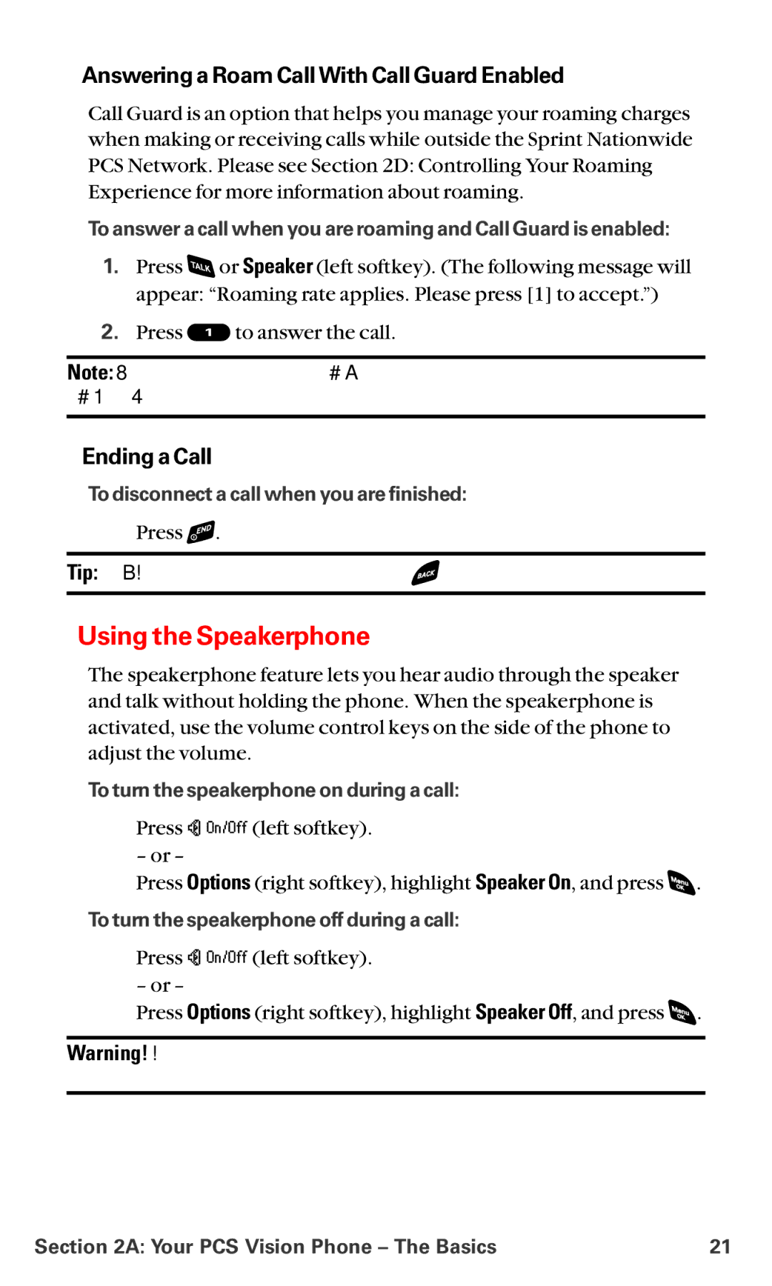 Sanyo RL-4920 manual Using the Speakerphone, Answering a Roam Call With Call Guard Enabled, Ending a Call 