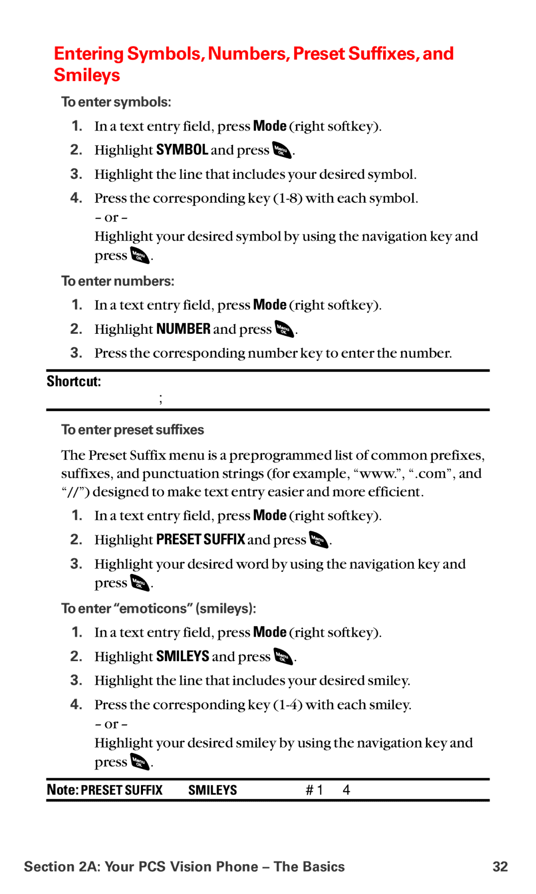 Sanyo RL-4920 manual Entering Symbols,Numbers,Preset Suffixes,and Smileys, To enter symbols, To enter numbers 