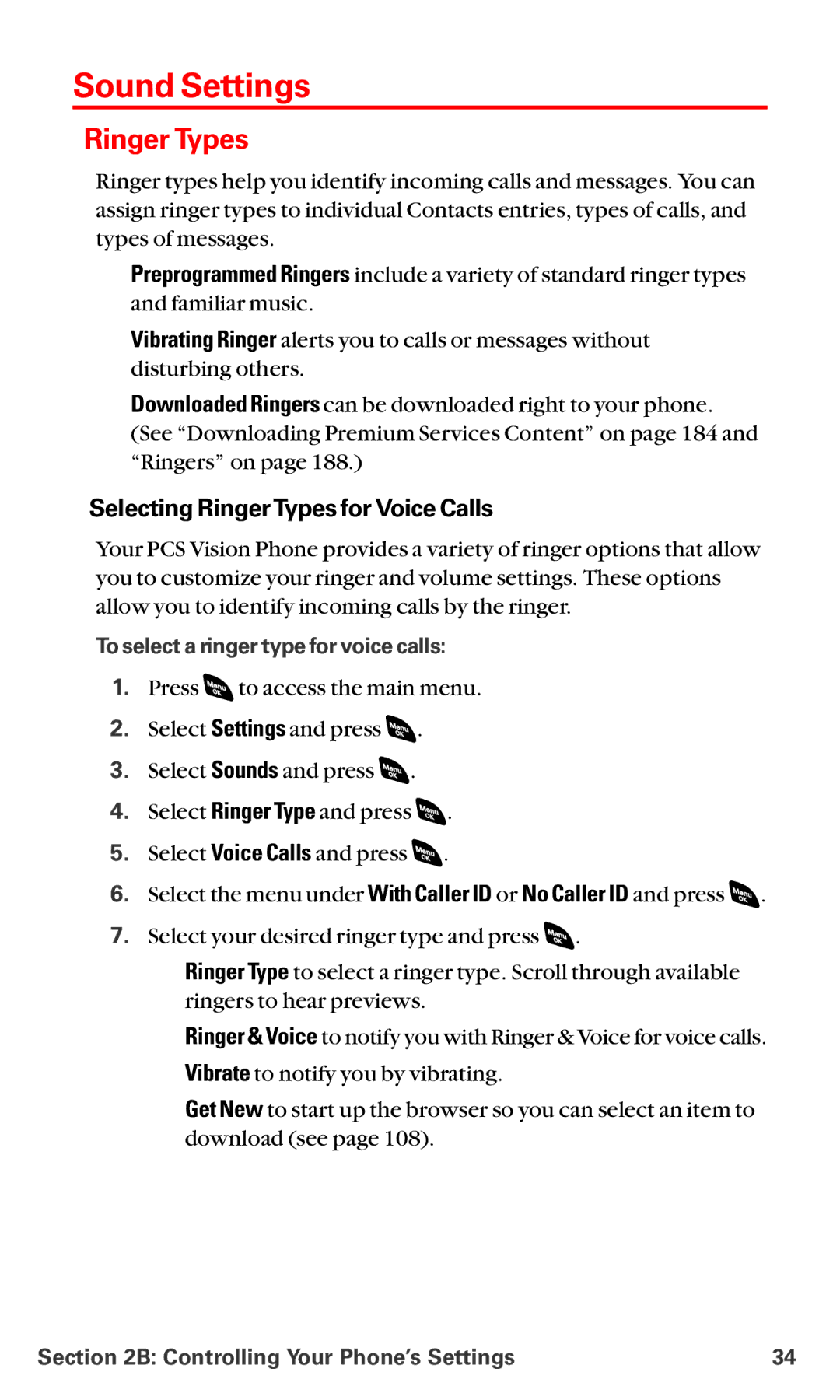 Sanyo RL-4920 Sound Settings, Ringer Types, Selecting RingerTypes for Voice Calls, To select a ringer type for voice calls 