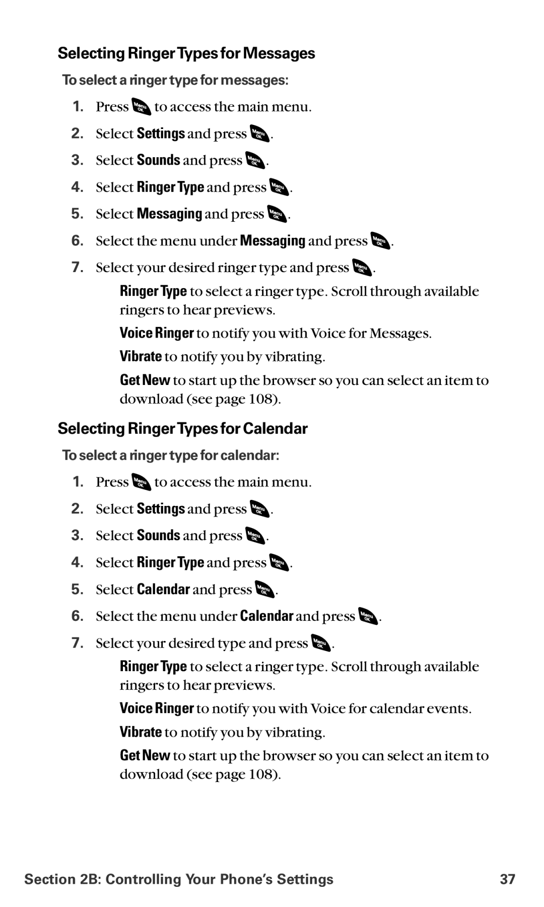 Sanyo RL-4920 Selecting RingerTypes for Messages, Selecting RingerTypes for Calendar, To select a ringer type for messages 