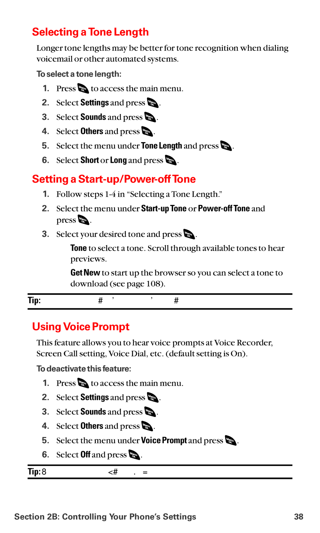 Sanyo RL-4920 Selecting a Tone Length, Setting a Start-up/Power-off Tone, Using Voice Prompt, To select a tone length 