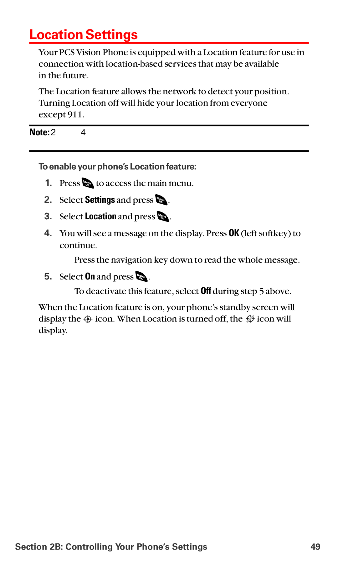 Sanyo RL-4920 manual Location Settings, To enable your phone’s Location feature 