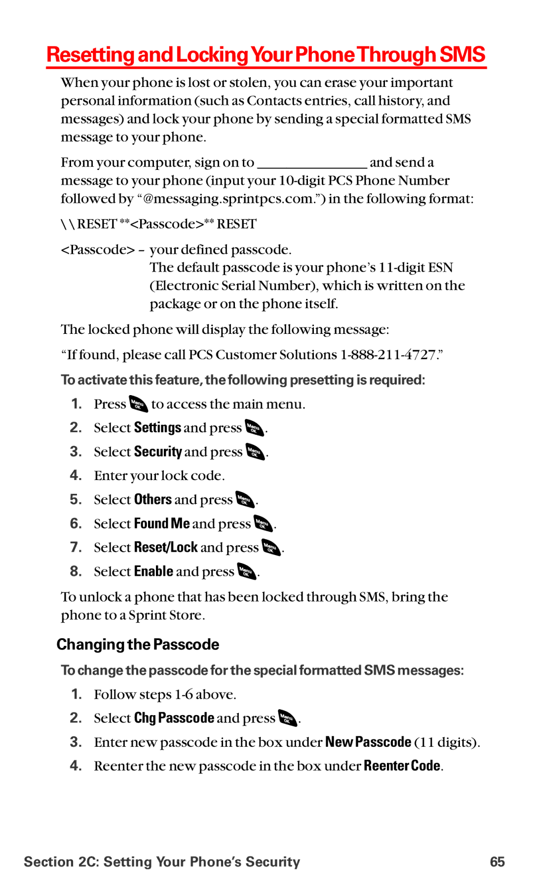 Sanyo RL-4920 manual ResettingandLockingYourPhoneThroughSMS, Changing the Passcode 