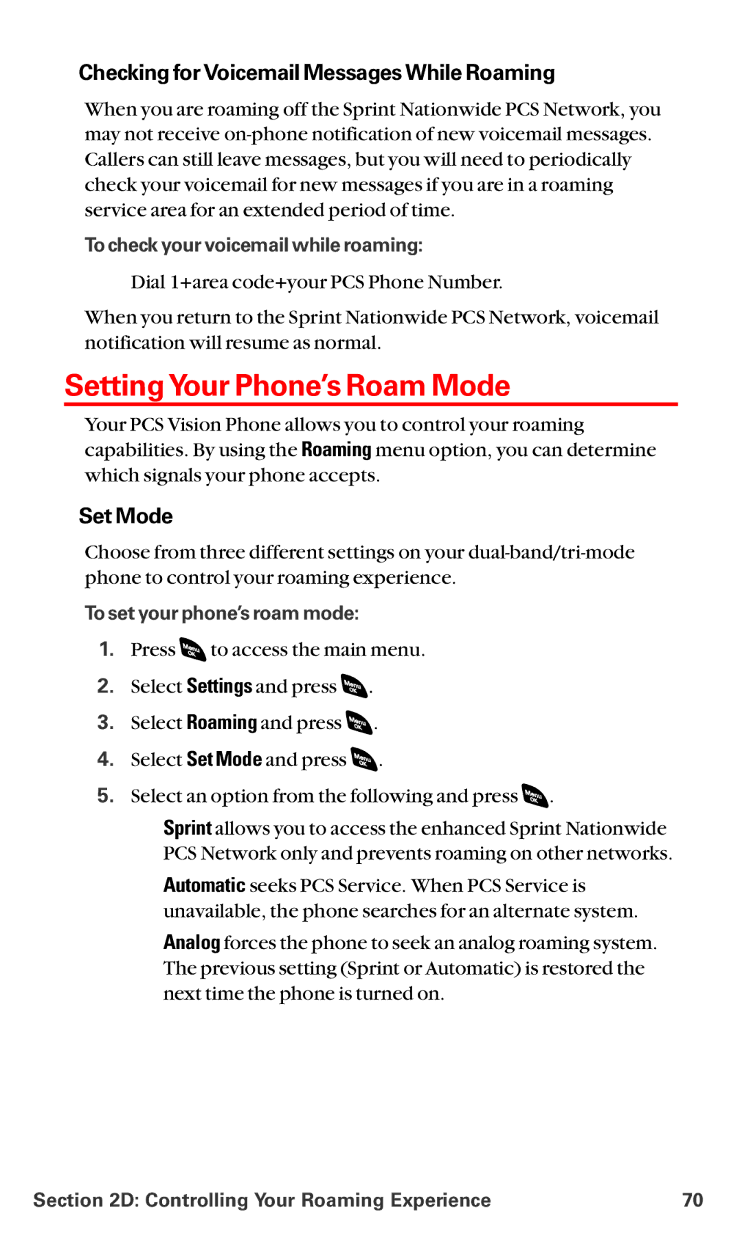 Sanyo RL-4920 manual SettingYour Phone’s Roam Mode, Checking for Voicemail Messages While Roaming, Set Mode 