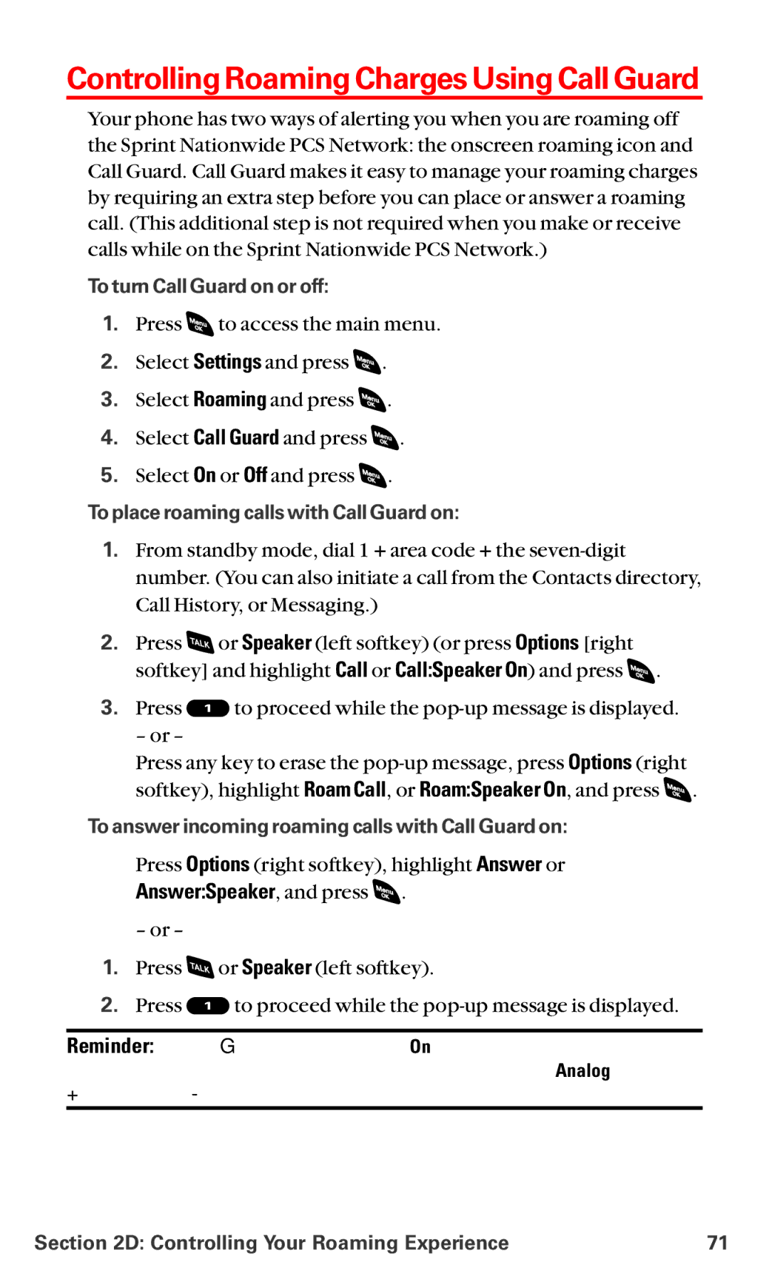 Sanyo RL-4920 manual Controlling Roaming Charges Using Call Guard, AnswerSpeaker, and press, To turn Call Guard on or off 