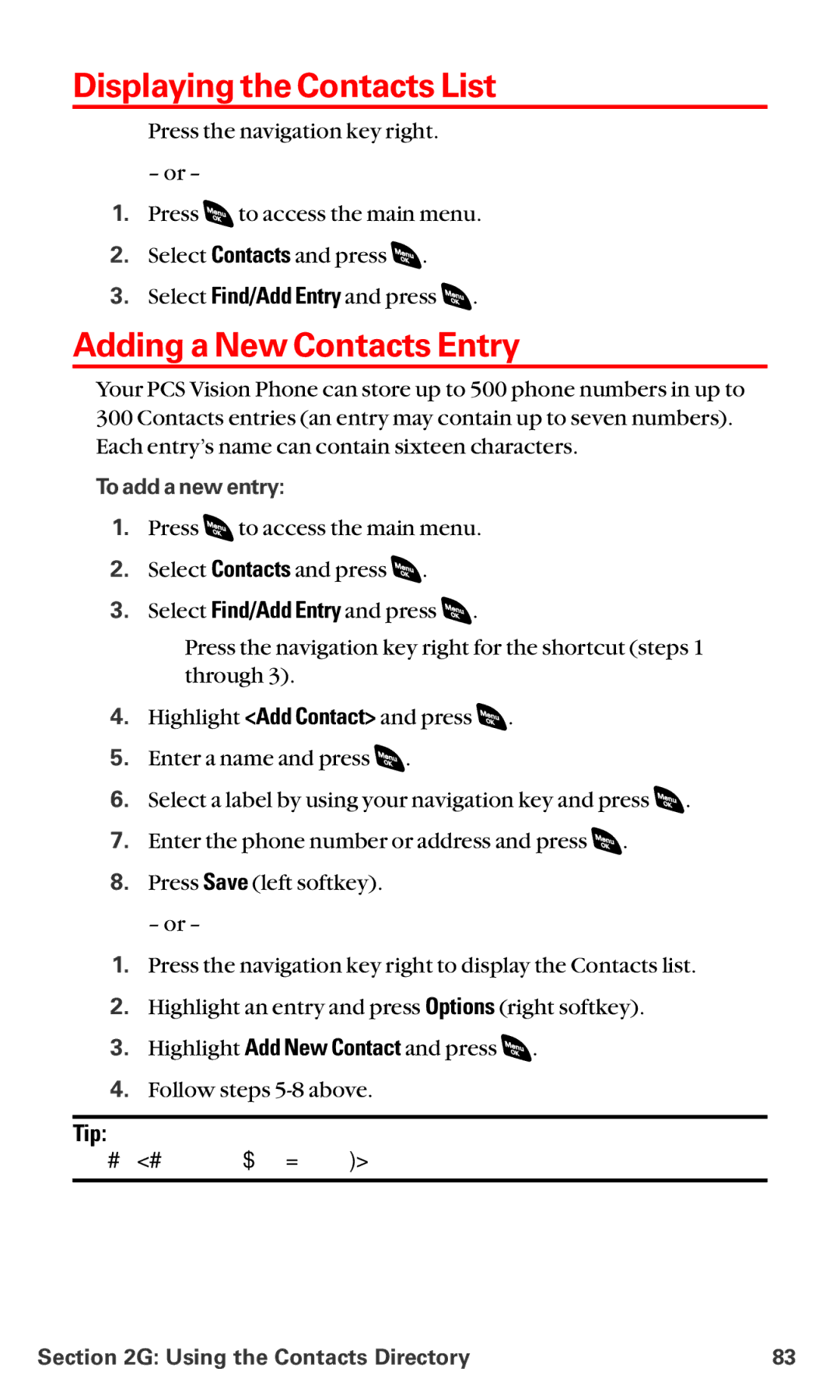 Sanyo RL-4920 manual Displaying the Contacts List, Adding a New Contacts Entry, To add a new entry 