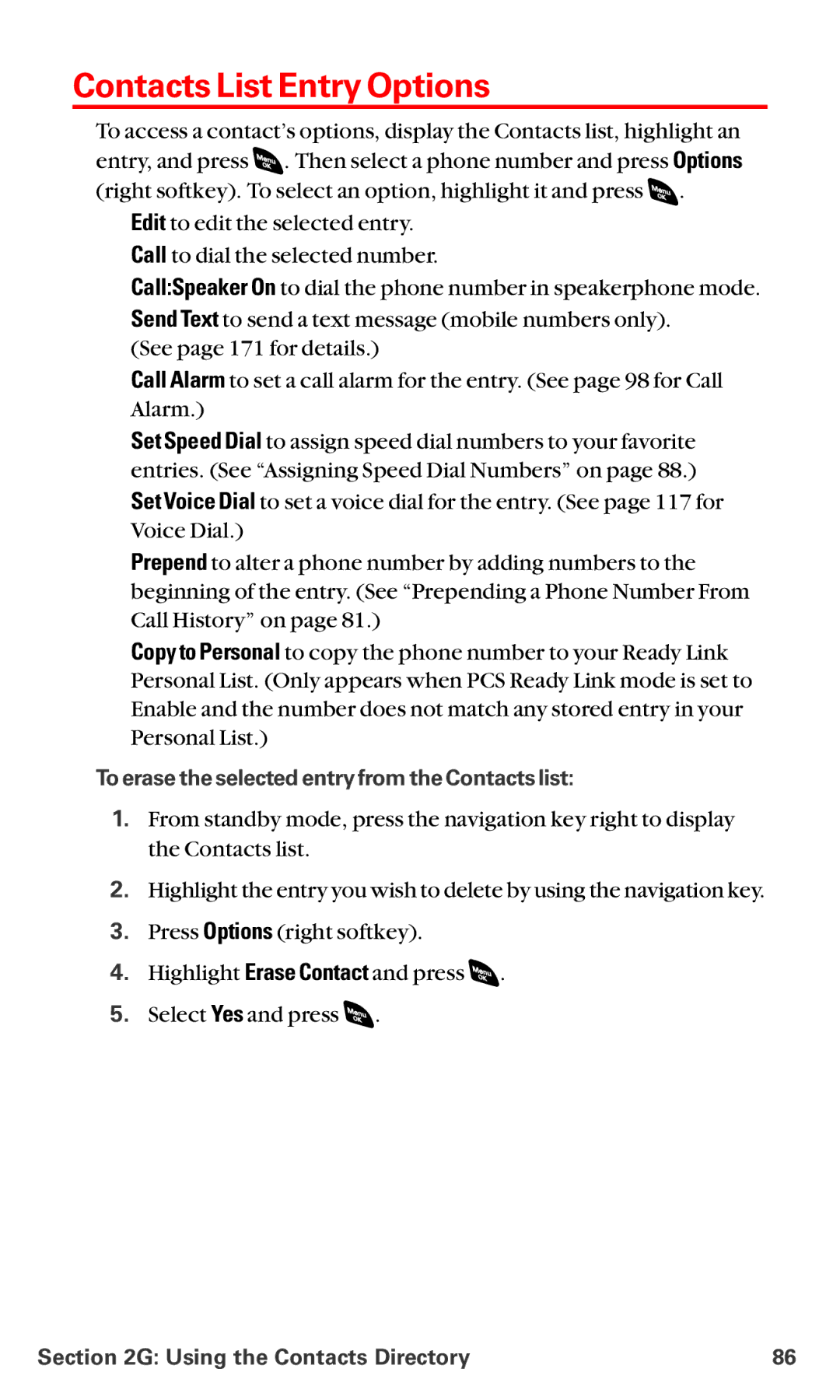 Sanyo RL-4920 manual Contacts List Entry Options, To erase the selected entry from the Contacts list 