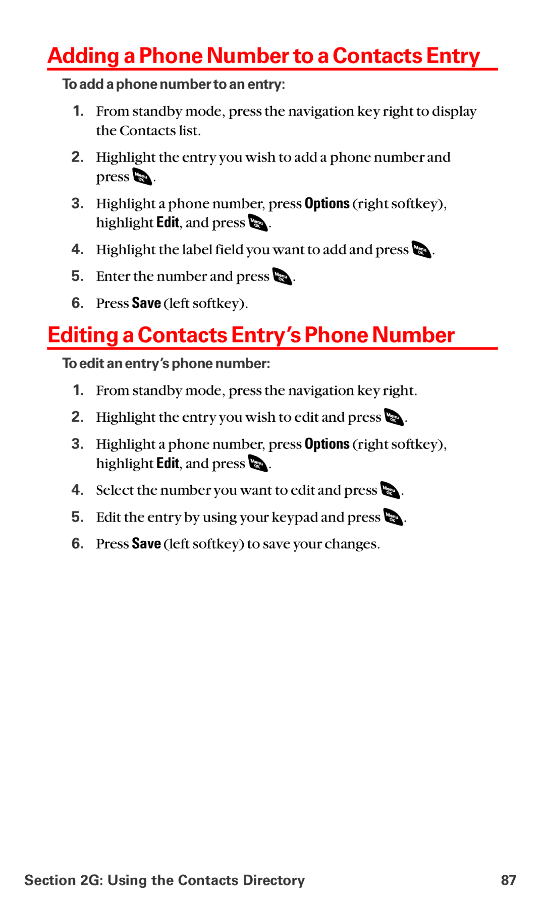 Sanyo RL-4920 manual Adding a Phone Number to a Contacts Entry, Editing a Contacts Entry’s Phone Number 